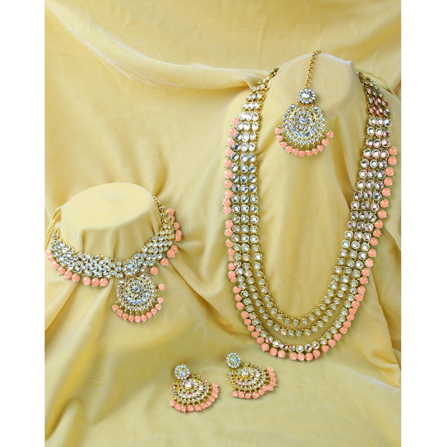 Peora 18K Gold Plated Kundan Faux Bead Bridal Necklace Jewellery Set for Women Girls (Peach)