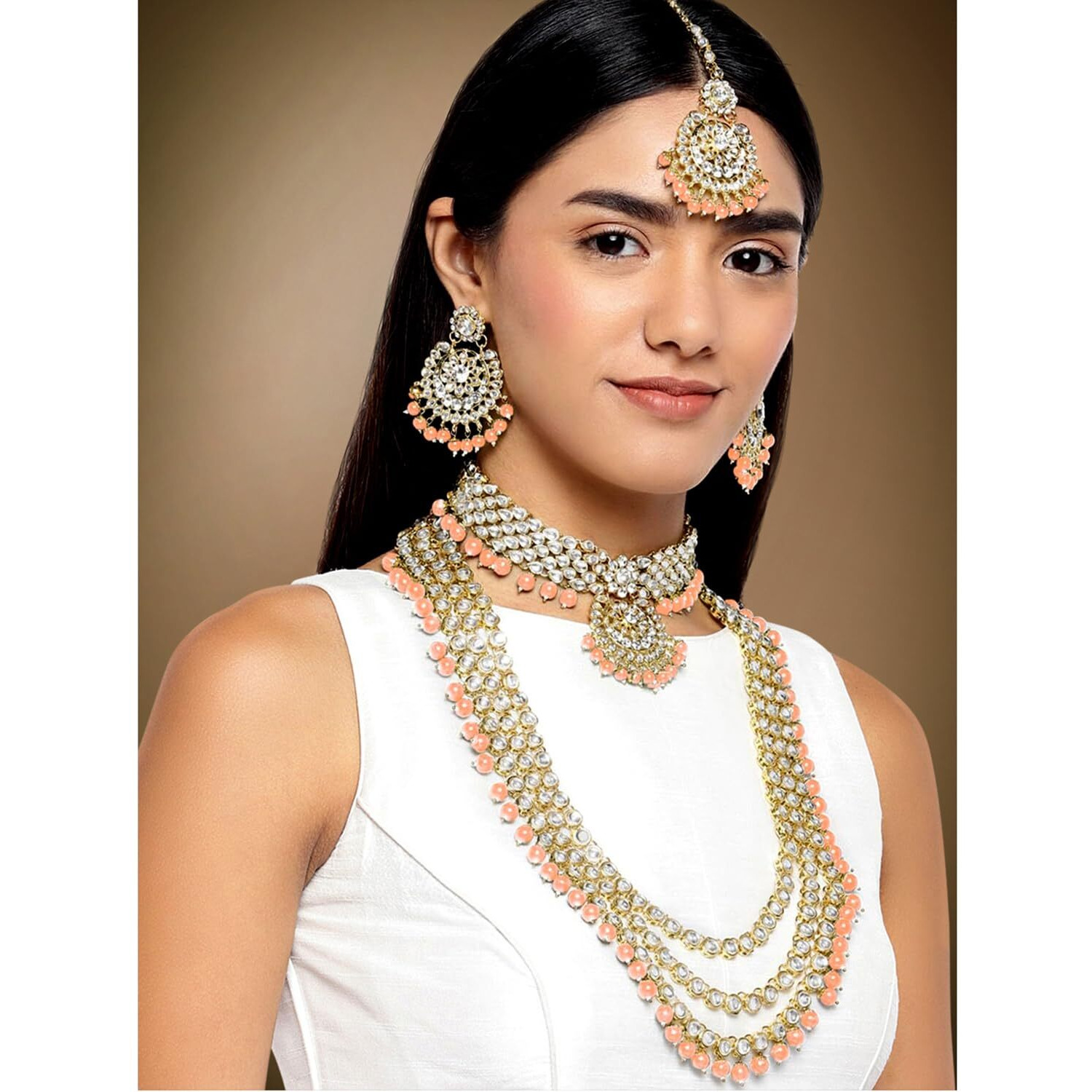 Peora 18K Gold Plated Kundan Faux Bead Bridal Necklace Jewellery Set for Women Girls (Peach)