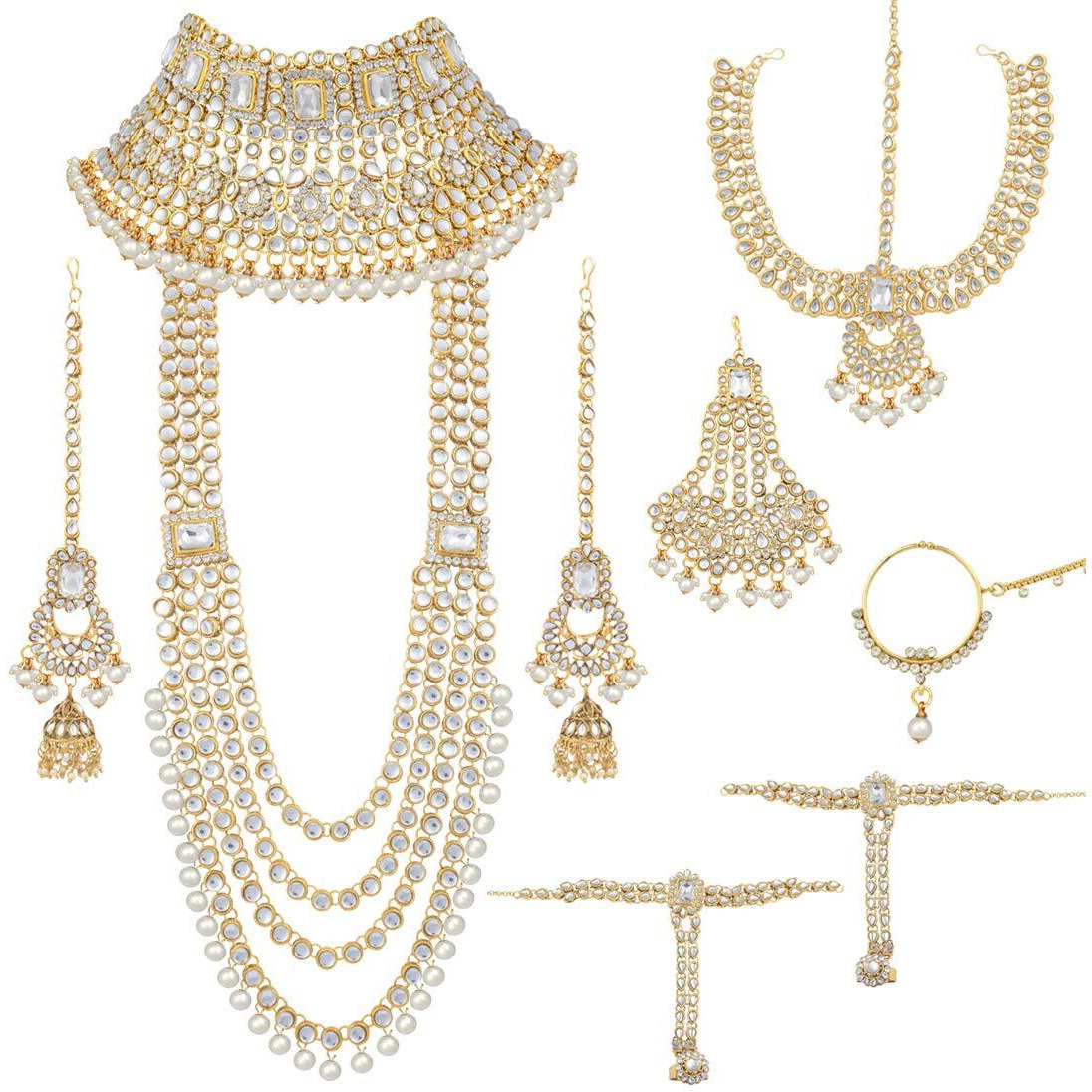 Peora Ethnic Traditional Gold Plated Kundan Dulhan Bridal Jewellery Set with Choker Earrings Maang Tikka Hathphool for Women Girls