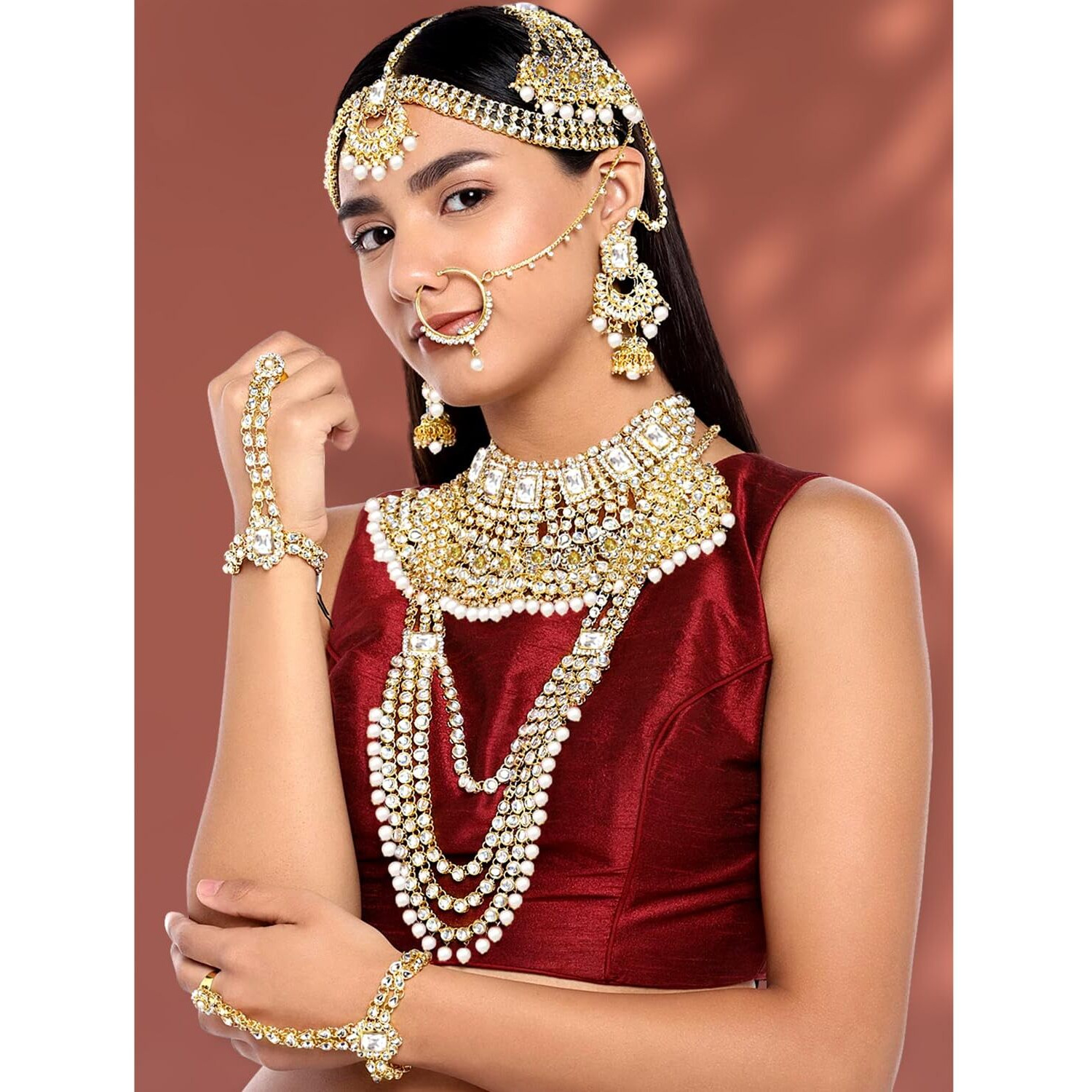 Peora Ethnic Traditional Gold Plated Kundan Dulhan Bridal Jewellery Set with Choker Earrings Maang Tikka Hathphool for Women Girls