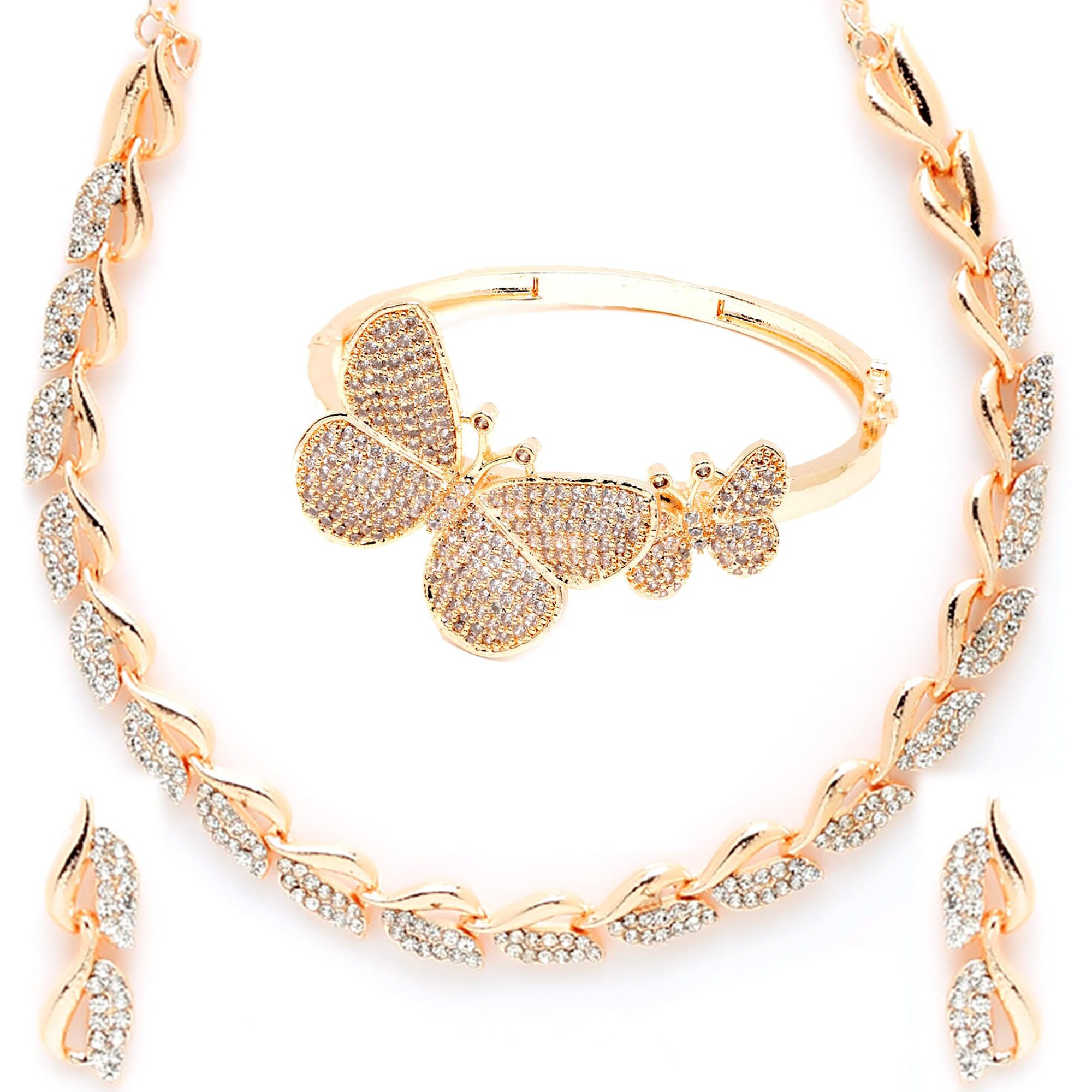 ZENEME American Diamond Studded Leaf Shaped Necklace With Earring and Butterfly Shaped Bracelete Jewellery Shaped For Women and Girl (Rose Gold)