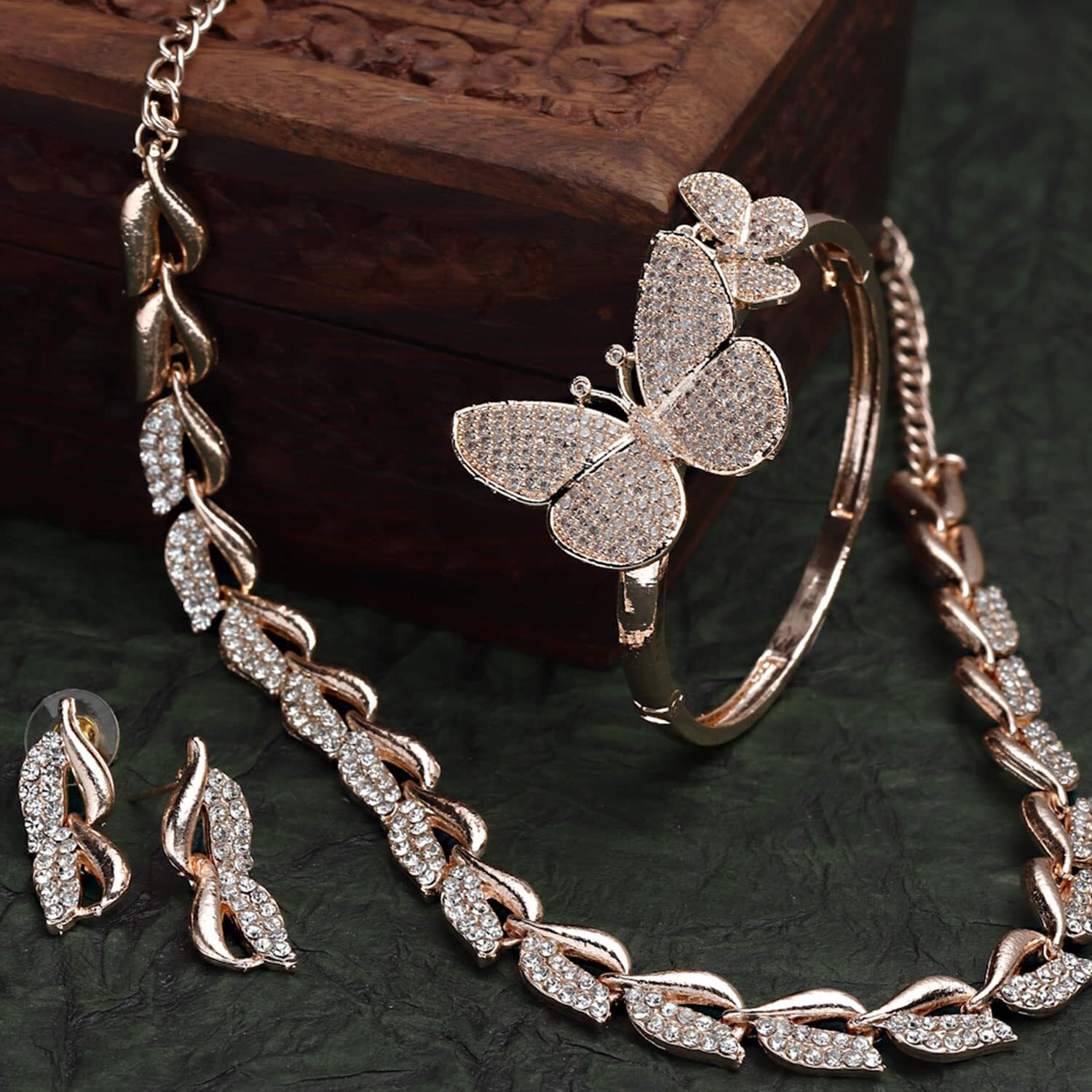 ZENEME American Diamond Studded Leaf Shaped Necklace With Earring and Butterfly Shaped Bracelete Jewellery Shaped For Women and Girl (Rose Gold)