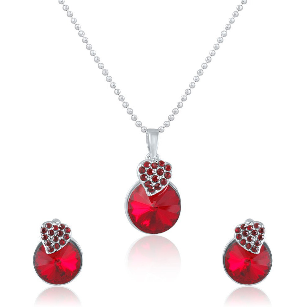 Mahi with Swarovski Crystals Red Heart Strawberry Rhodium Plated Pendant Set for Women NL1104089RRed