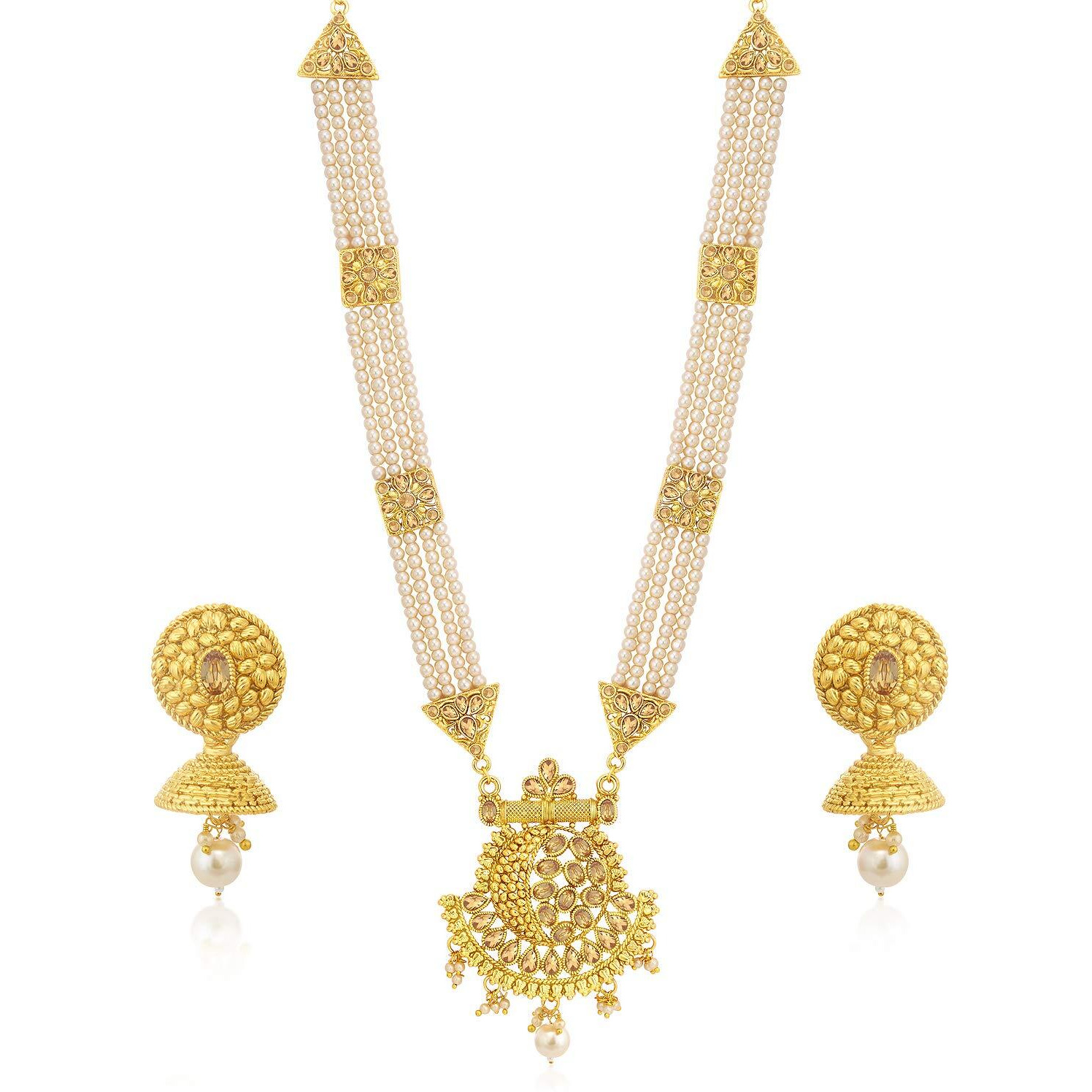 Sukkhi Classic LCT Gold Plated Wedding Jewellery Pearl Long Haram Necklace Set For Women (N83782)