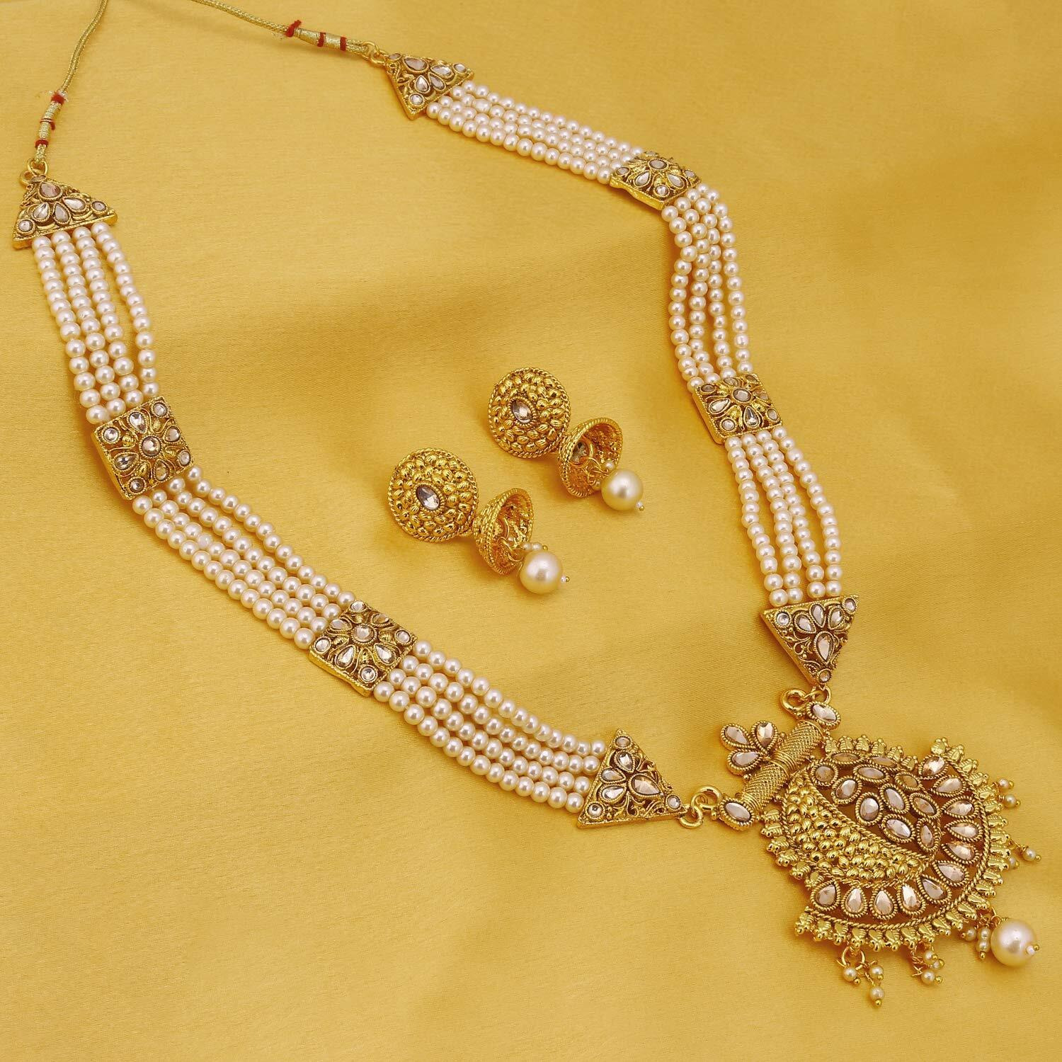 Sukkhi Classic LCT Gold Plated Wedding Jewellery Pearl Long Haram Necklace Set For Women (N83782)