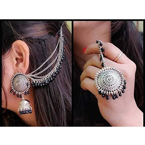 Shining Diva Fashion Latest Oxidised Silver Antique Design Stylish Traditional Maang Tikka Jhumka Earrings Jewellery Set for Girls (Black) (12002s)