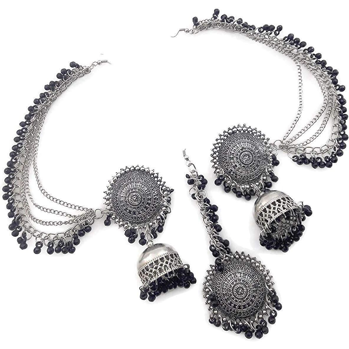 Shining Diva Fashion Latest Oxidised Silver Antique Design Stylish Traditional Maang Tikka Jhumka Earrings Jewellery Set for Girls (Black) (12002s)