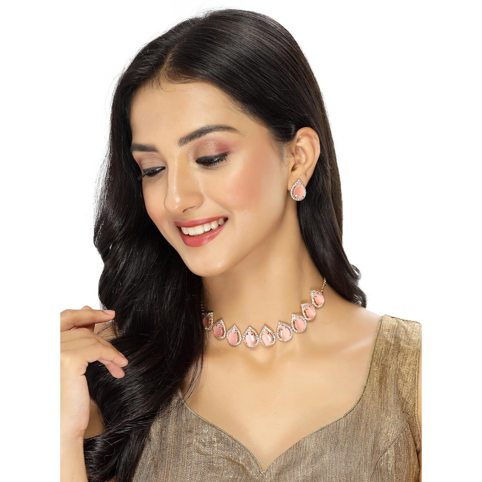 Sukkhi Elaborate Gold-Plated With AD Pink Stones Collar Bone Necklace Set With Drop Earrings | Jewellery Jewellery Set For Women (NS105705)