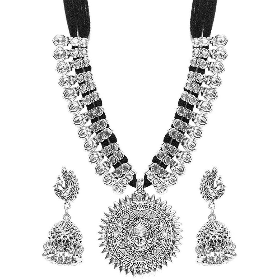 YouBella Fashion Jewellery Antique Oxidised Plated Tribal Cotton Thread Jewellery Necklace Earring Set for Women & Girls.(Valentine Gift Special). (BLACK)