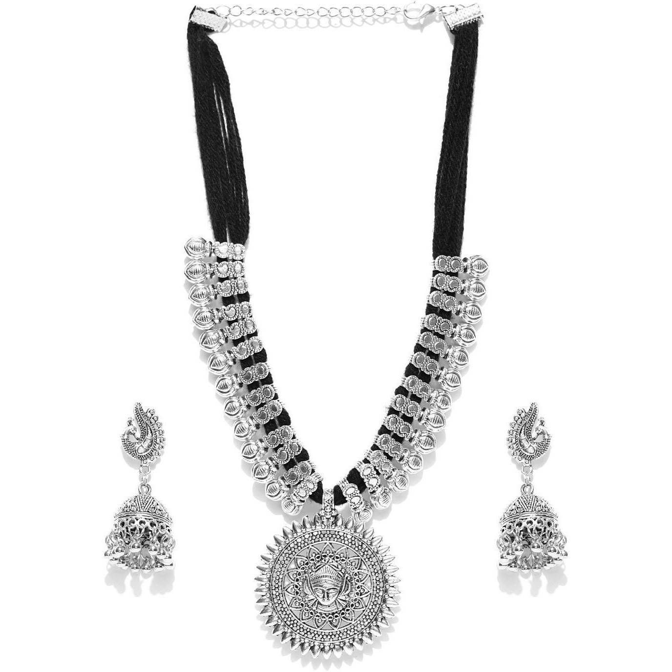 YouBella Fashion Jewellery Antique Oxidised Plated Tribal Cotton Thread Jewellery Necklace Earring Set for Women & Girls.(Valentine Gift Special). (BLACK)