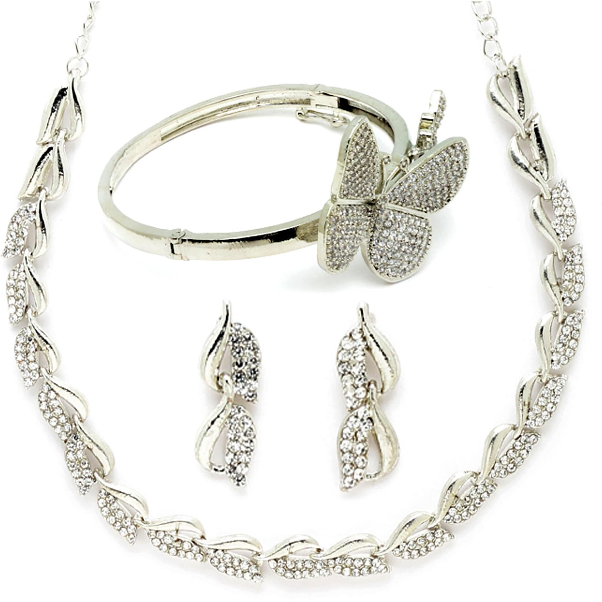 ZENEME American Diamond Studded Leaf Shaped Necklace With Earring and Butterfly Shaped Bracelete Jewellery Shaped For Women and Girl (Silver)