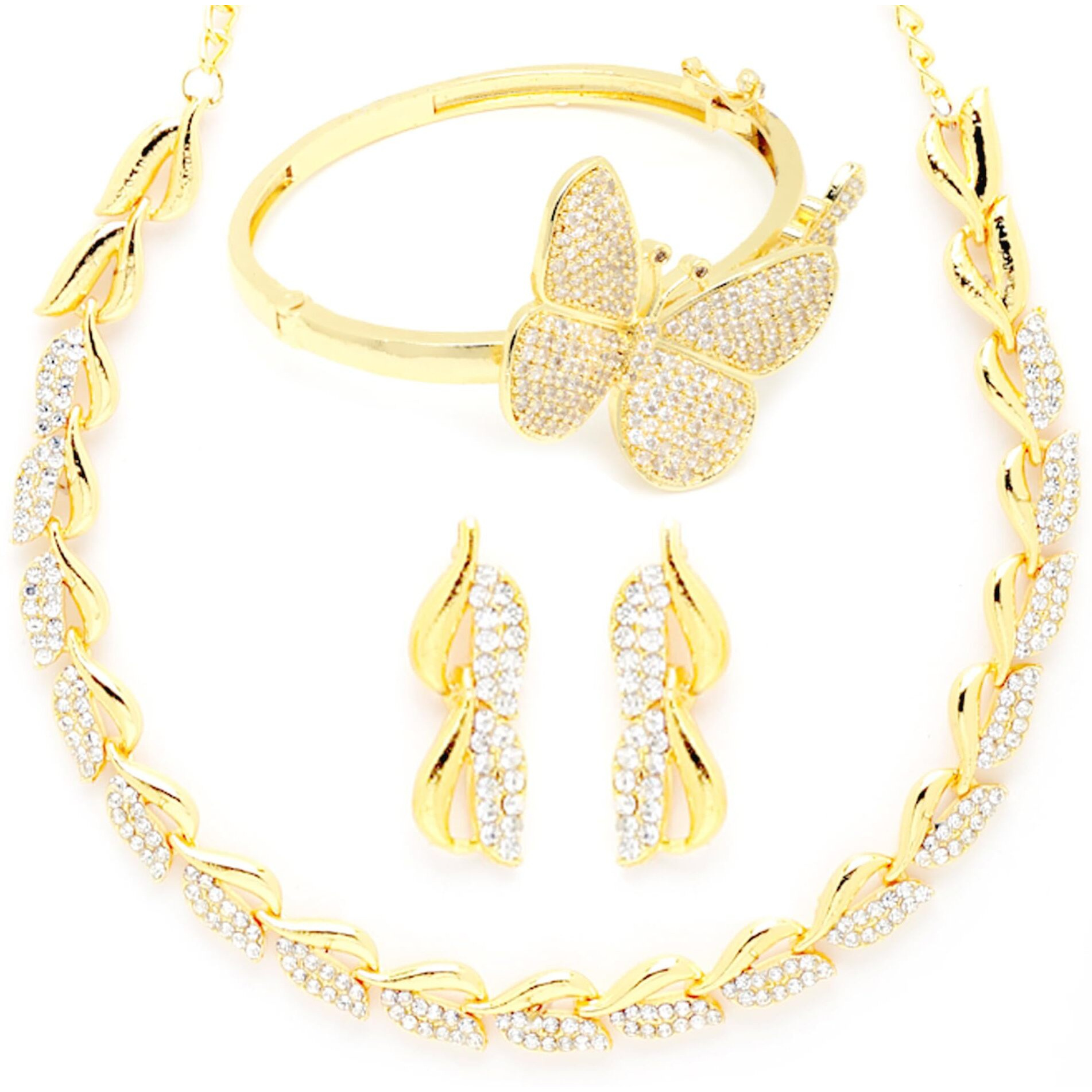 ZENEME American Diamond Studded Leaf Shaped Necklace With Earring and Butterfly Shaped Bracelete Jewellery Shaped For Women and Girl (Golden)