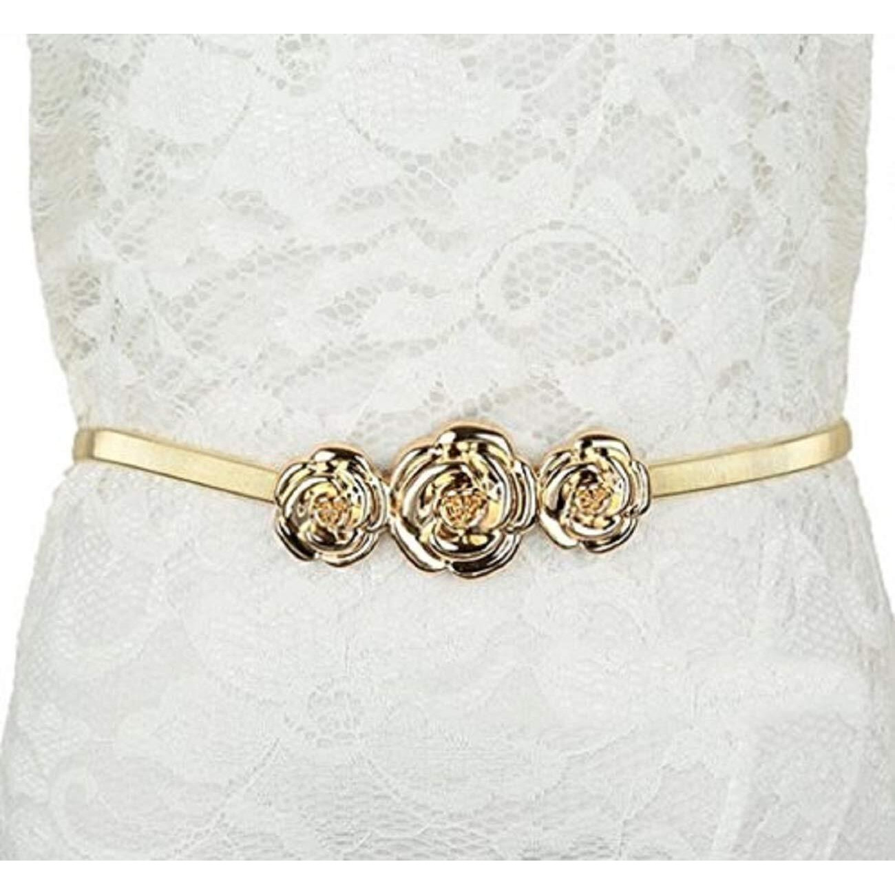 VRITRAZ Fashion Style Gold Plated Chain Kamarband Metal Crystal Pearl Rhinestone Stretchable Waist Belt Waistband Flower