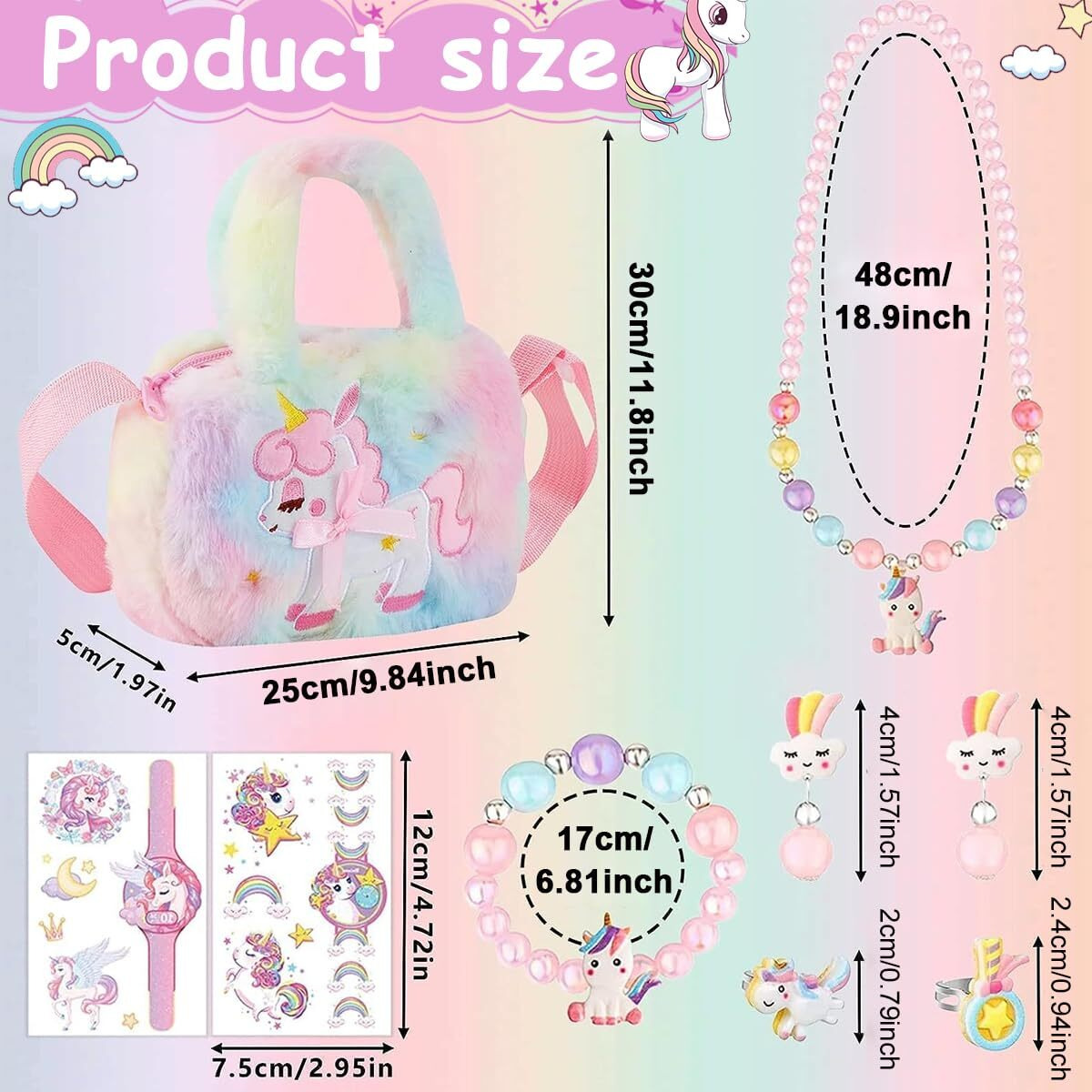 SANNIDHI Unicorn Crossbody Bag with Jewelry Set for Girls, Princess Plush Handbag Purse Beads Necklace Bracelet Earrings Rings and Stickers Set