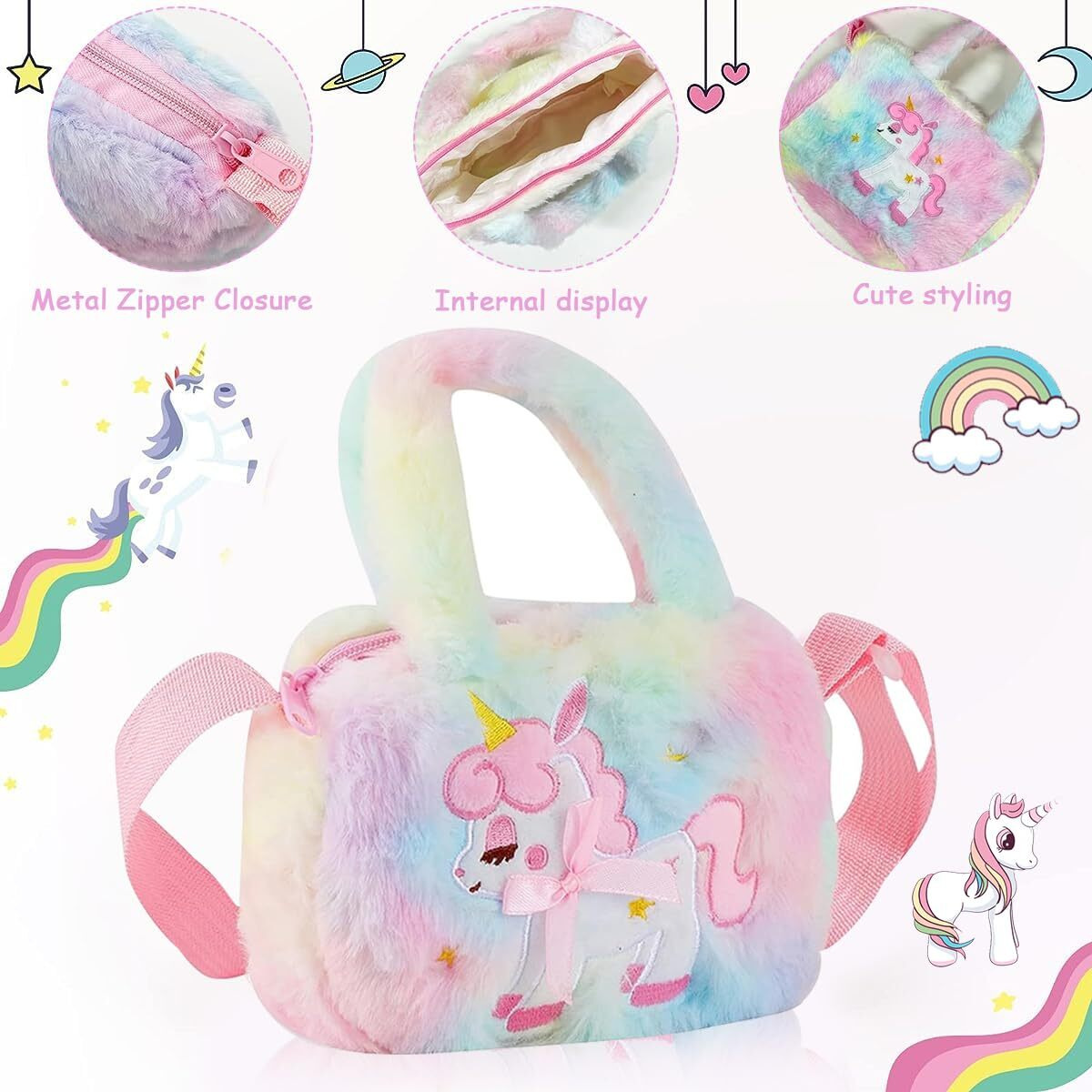 SANNIDHI Unicorn Crossbody Bag with Jewelry Set for Girls, Princess Plush Handbag Purse Beads Necklace Bracelet Earrings Rings and Stickers Set