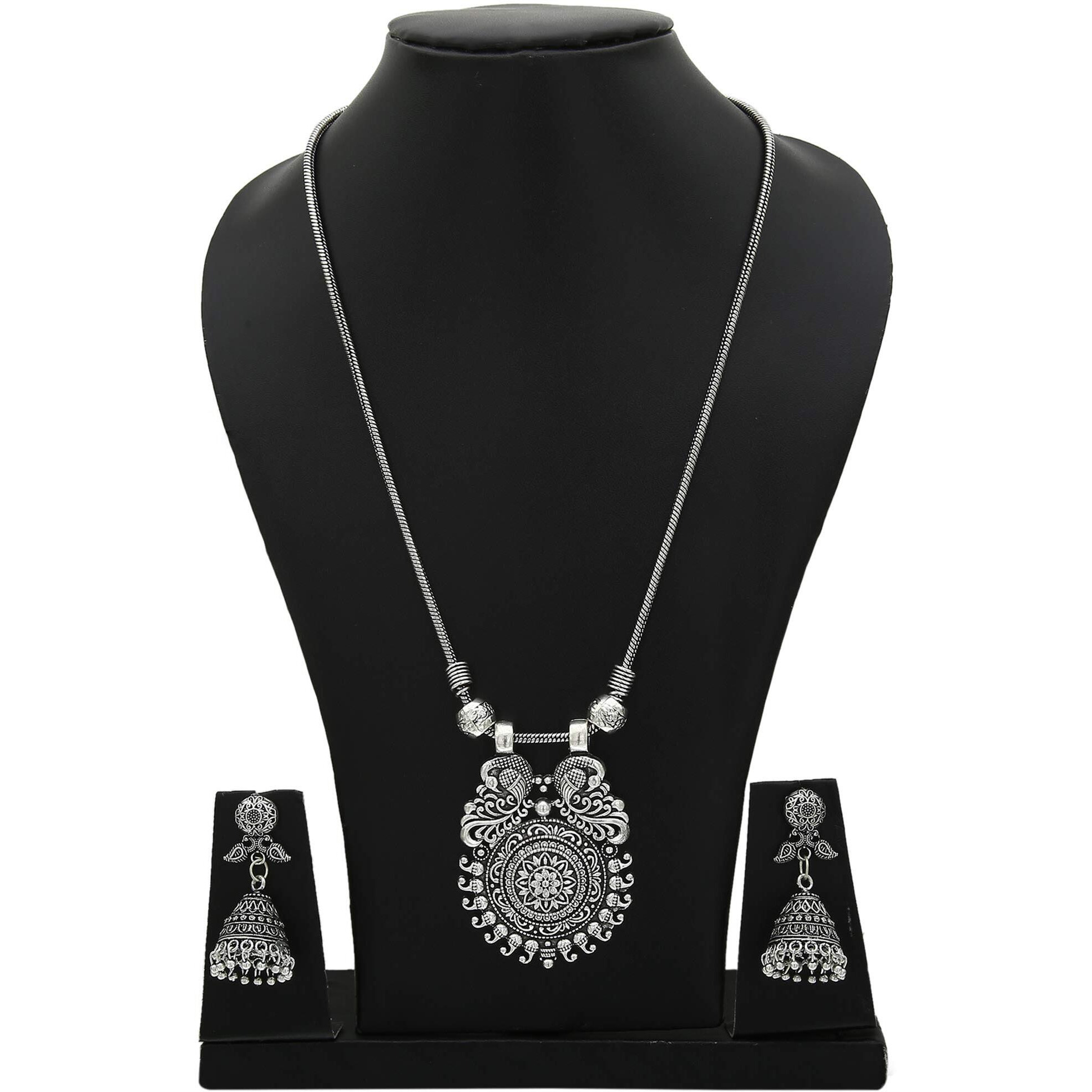 Sasitrends Traditional Oxidized German Silver Necklace with Trendy Peacock Earrings for Women and Girls