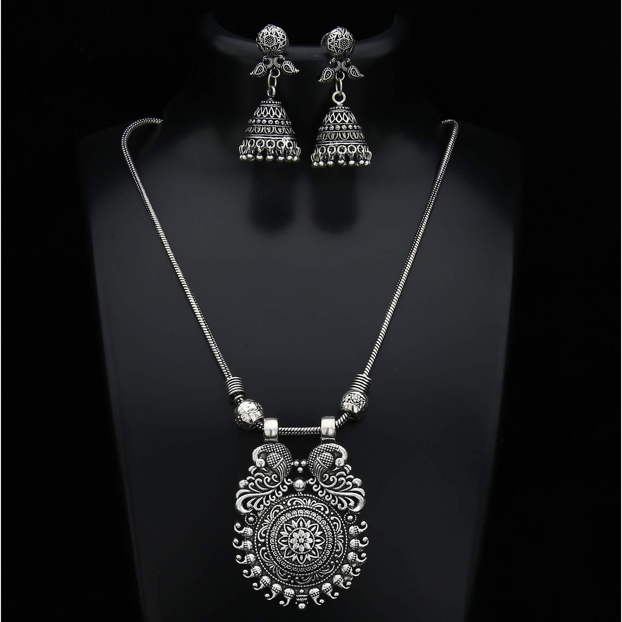 Sasitrends Traditional Oxidized German Silver Necklace with Trendy Peacock Earrings for Women and Girls