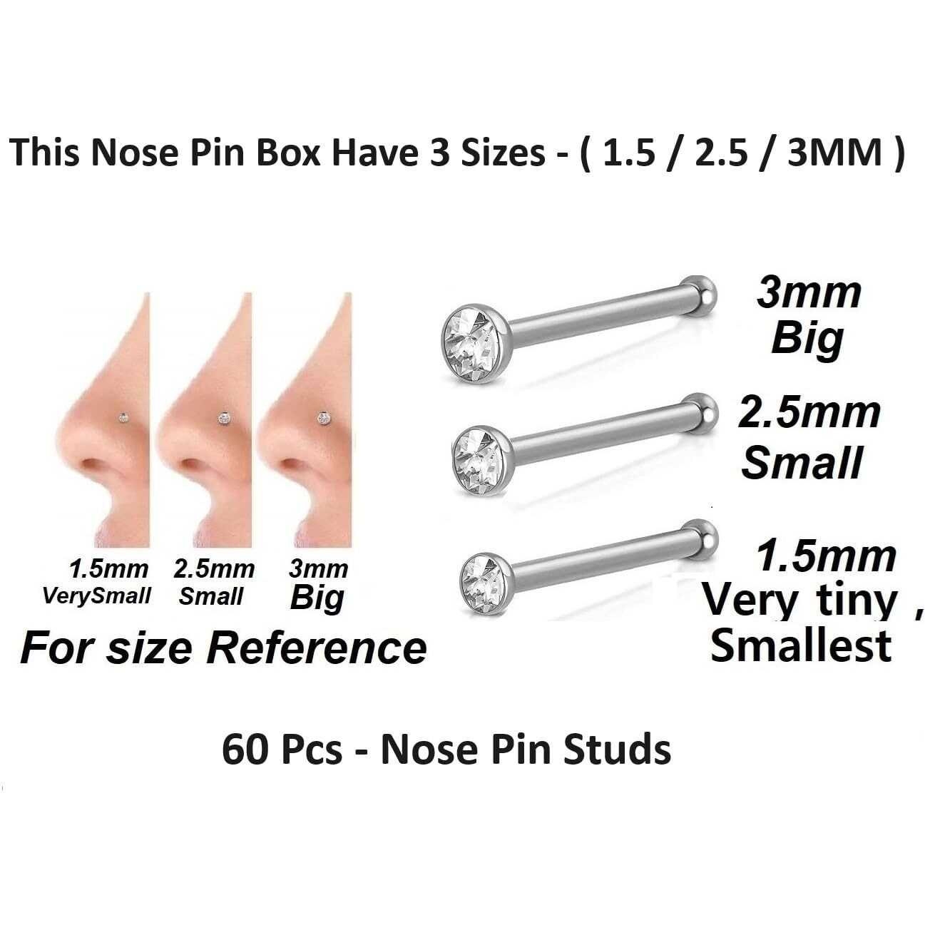 VAMA FASHIONS Body Piercing Jewelry Hole Nose Hoop Ring Sterling Nose pin Studs for Women & Girls (60 Pcs - 1.5/2.5 / 3mm) (Multicolour Piercing Nose pin)