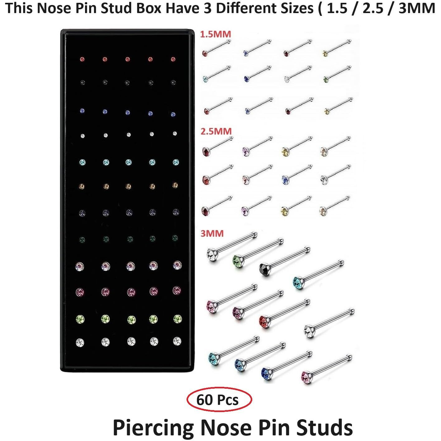 VAMA FASHIONS Body Piercing Jewelry Hole Nose Hoop Ring Sterling Nose pin Studs for Women & Girls (60 Pcs - 1.5/2.5 / 3mm) (Multicolour Piercing Nose pin)