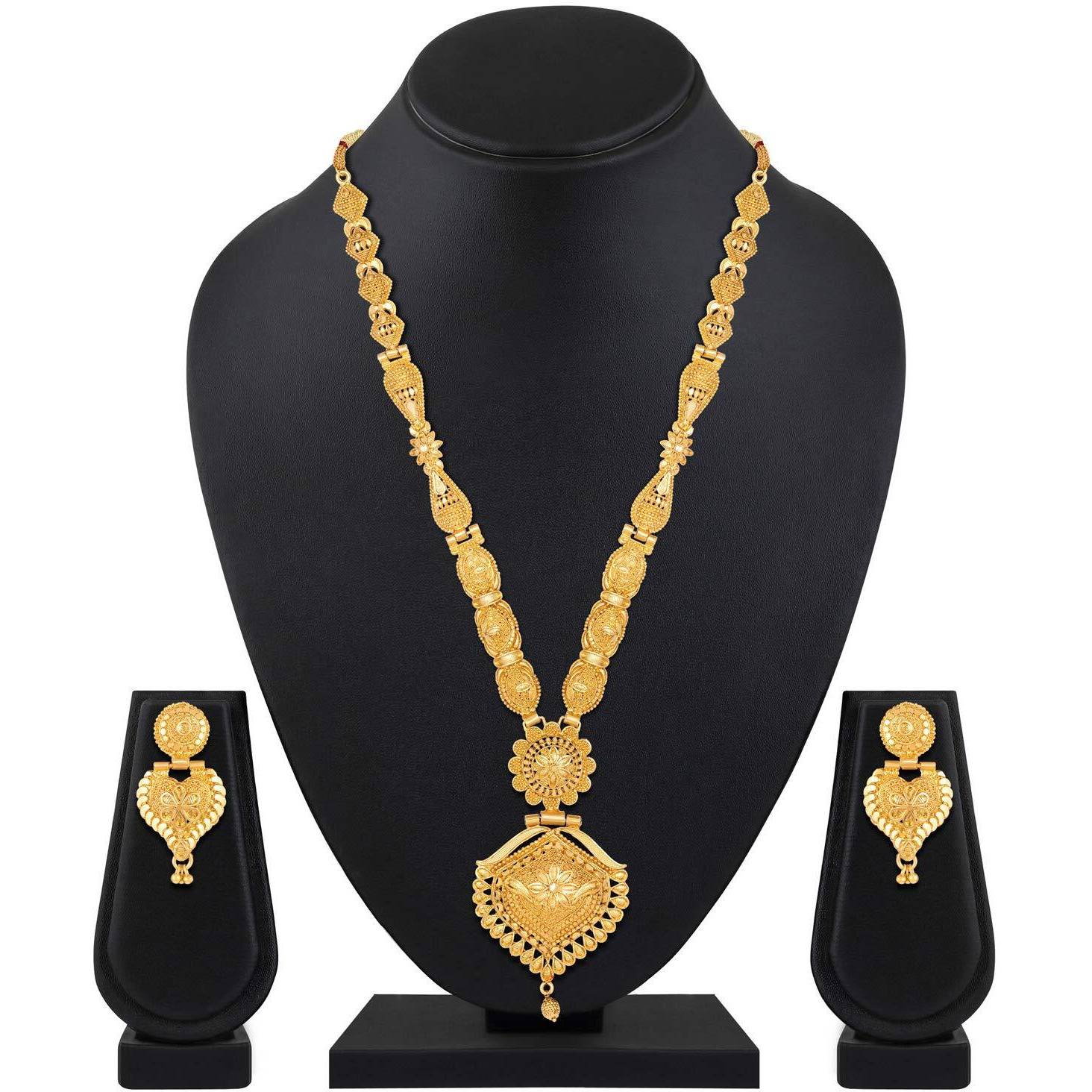 Shining Diva Fashion Latest Long Design Necklace Set For Women Traditional One Gram Gold Plated Jewellery Set for Women (Golden) (11508s)