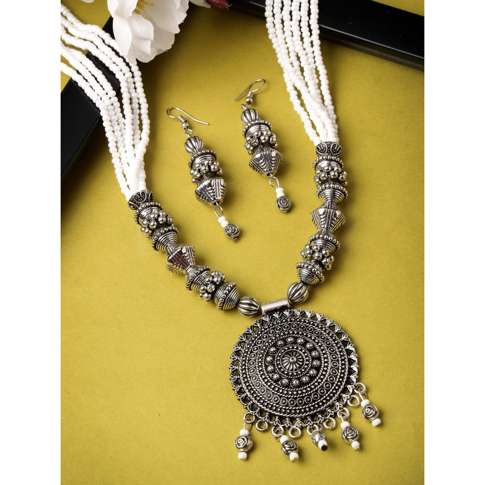 Sukkhi Ethnic Oxidised Silver Plated Round Stylish Beads Long Necklace Set And Earring | Jewellery Set For Women (NS105590)