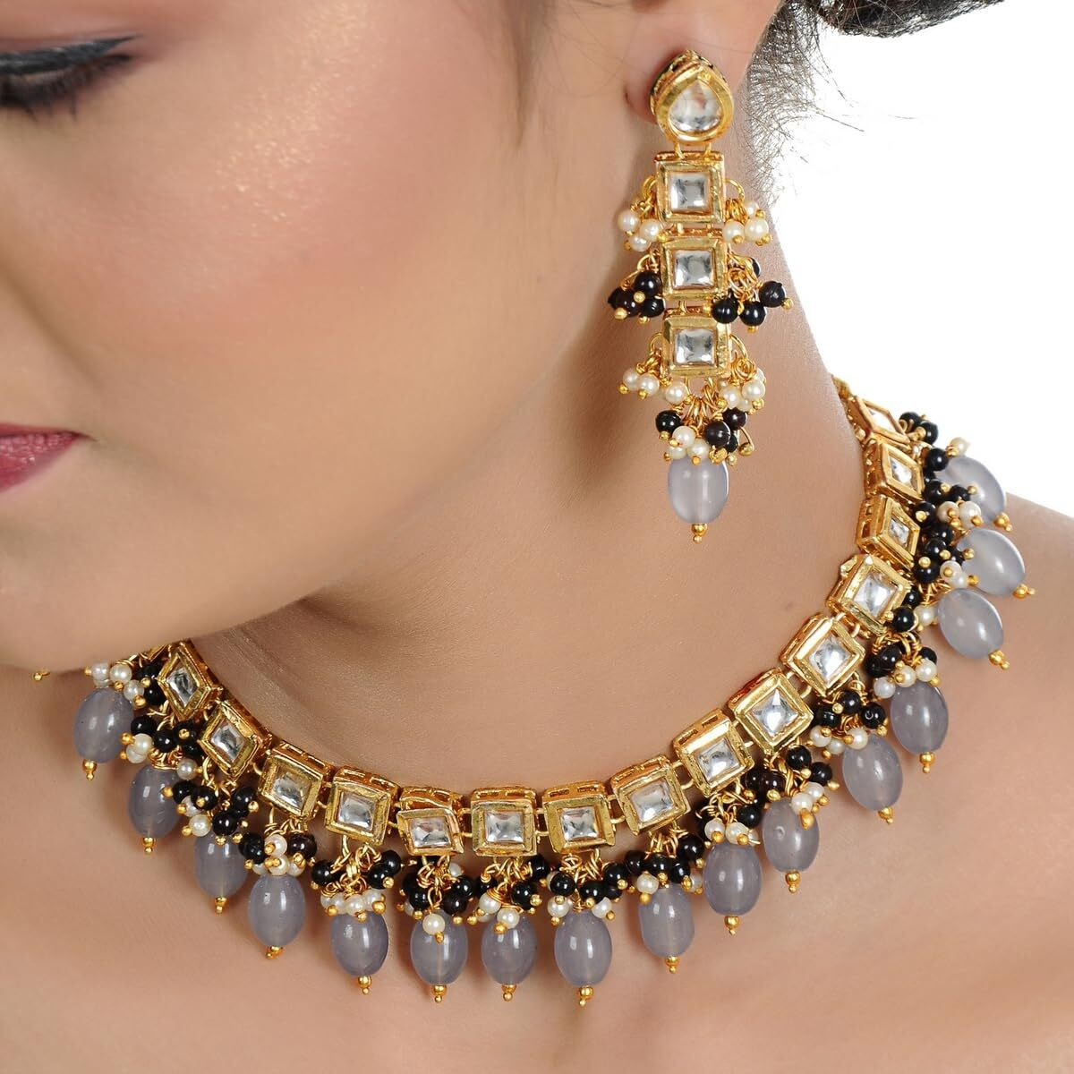 LUCKY JEWELLERY Back Meenakari 18k Gold Plated Grey Color Square Shape Tika Earring Combo Jewellery Set Uncut Kundan Big Faux Kundan Dibbi Kundan Choker Necklace Set for Girls & Women