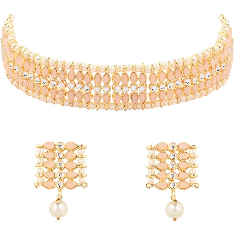 I Jewels Gold Plated Traditional Kundan Pearl Choker Necklace Jewellery Set For Women And Girls (K7209) (Peach)