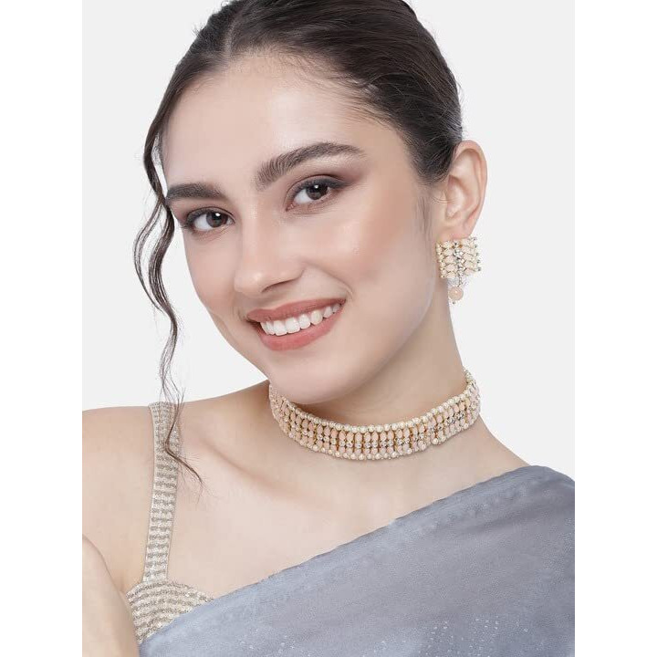 I Jewels Gold Plated Traditional Kundan Pearl Choker Necklace Jewellery Set For Women And Girls (K7209) (Peach)