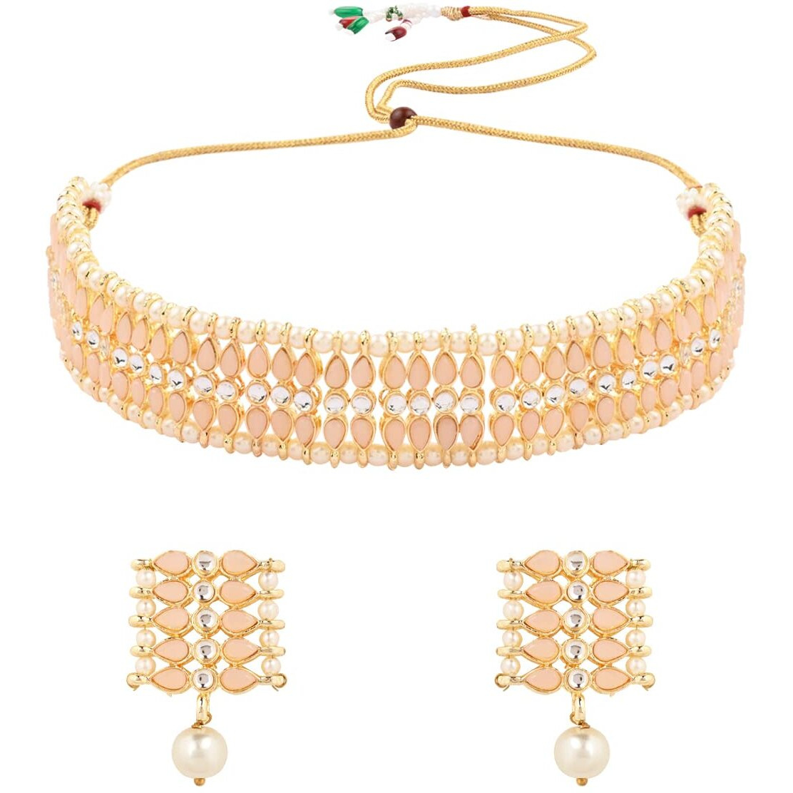 I Jewels Gold Plated Traditional Kundan Pearl Choker Necklace Jewellery Set For Women And Girls (K7209) (Peach)