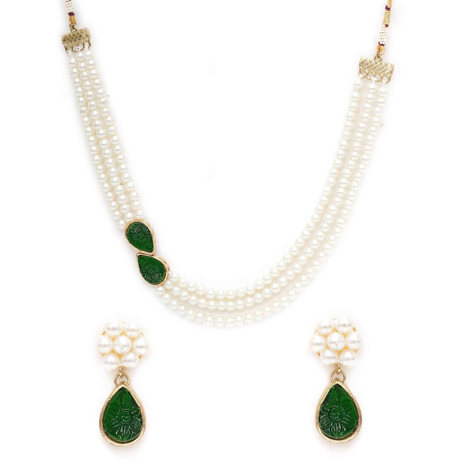 Karatcart Green Stone Studded Pearl Kundan Necklace Set for Women