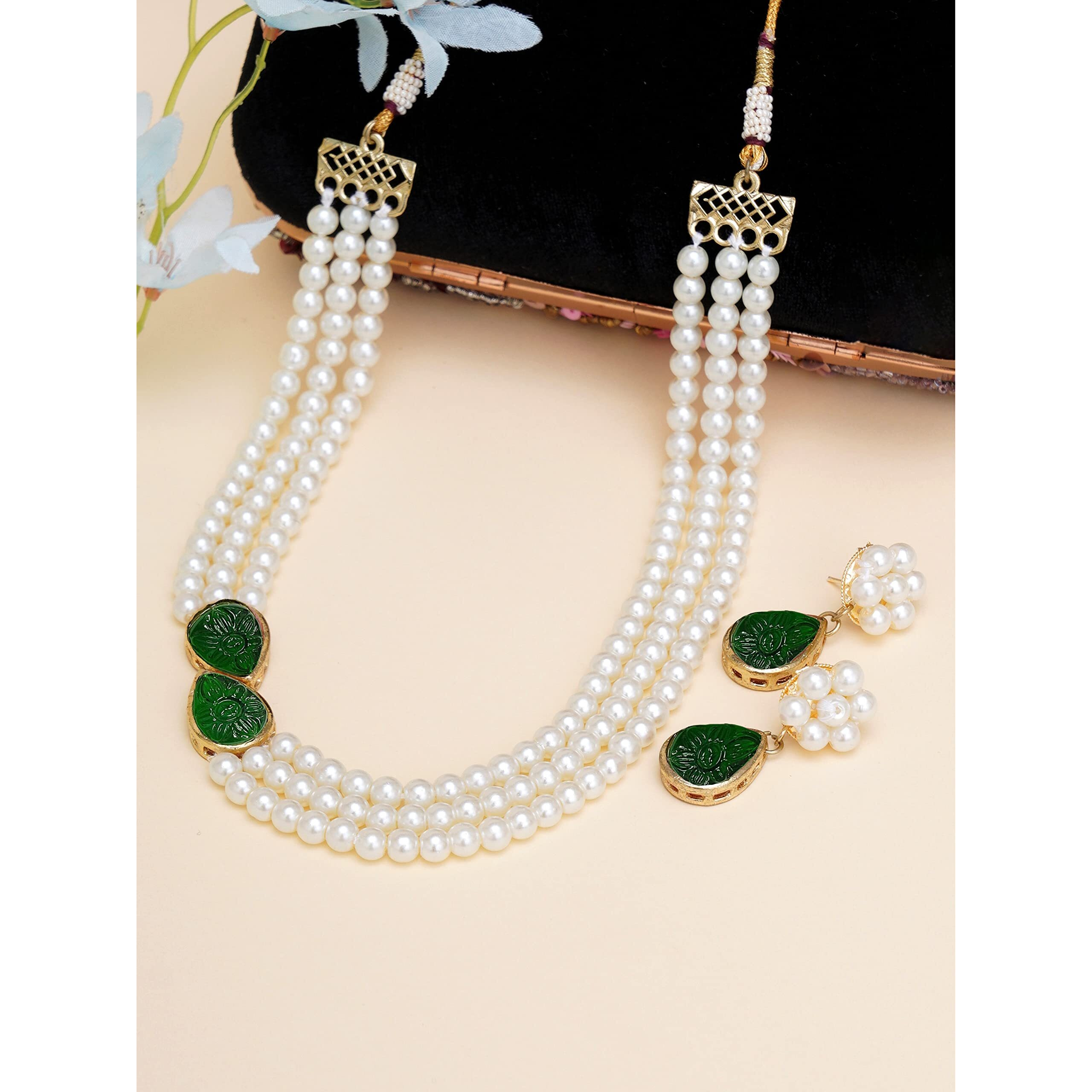 Karatcart Green Stone Studded Pearl Kundan Necklace Set for Women