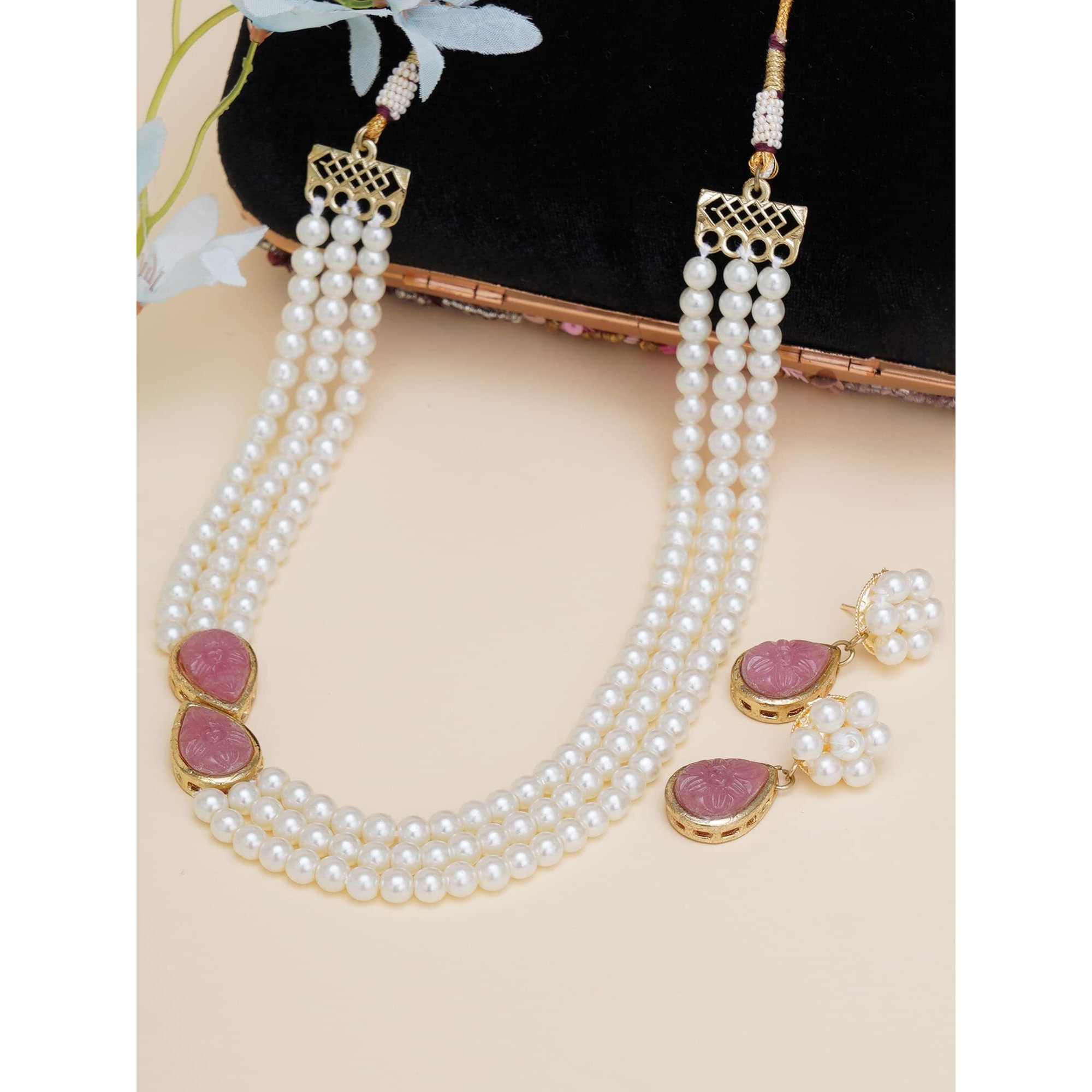 Karatcart Pink Stone Studded Pearl Kundan Necklace Set for Women