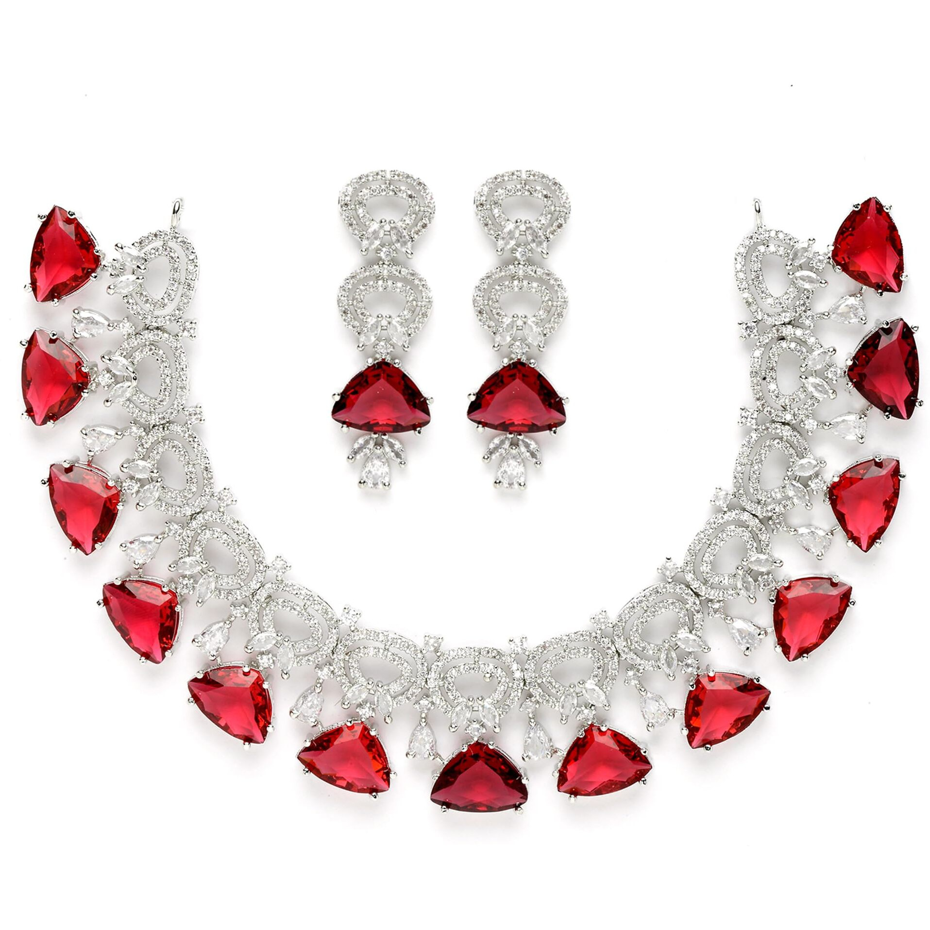 ZENEME Rhodium-Plated with Silver-Toned Red and White American Diamond Studded Choker Necklace and Drop Earrings Jewellery Set (Red) For Women