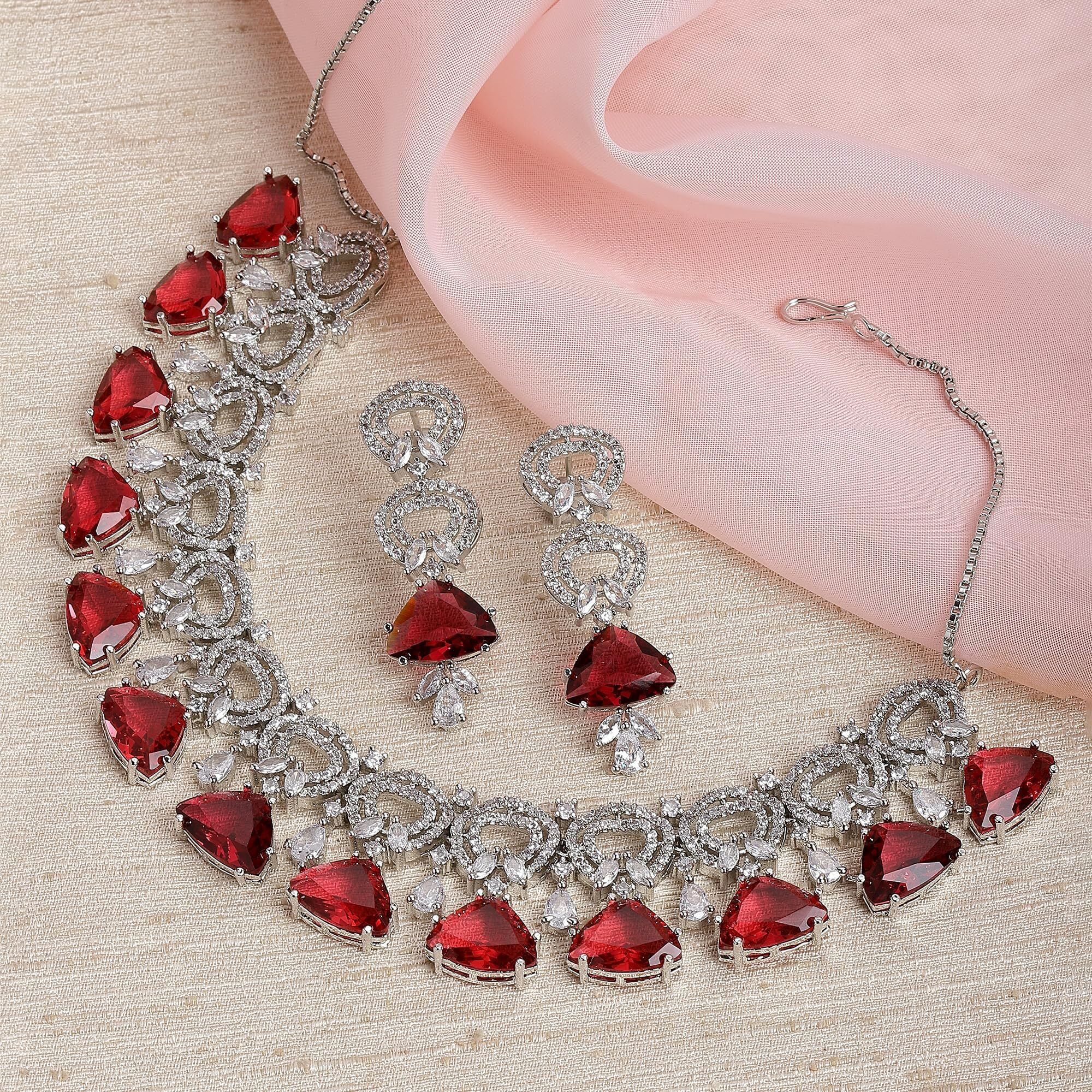 ZENEME Rhodium-Plated with Silver-Toned Red and White American Diamond Studded Choker Necklace and Drop Earrings Jewellery Set (Red) For Women