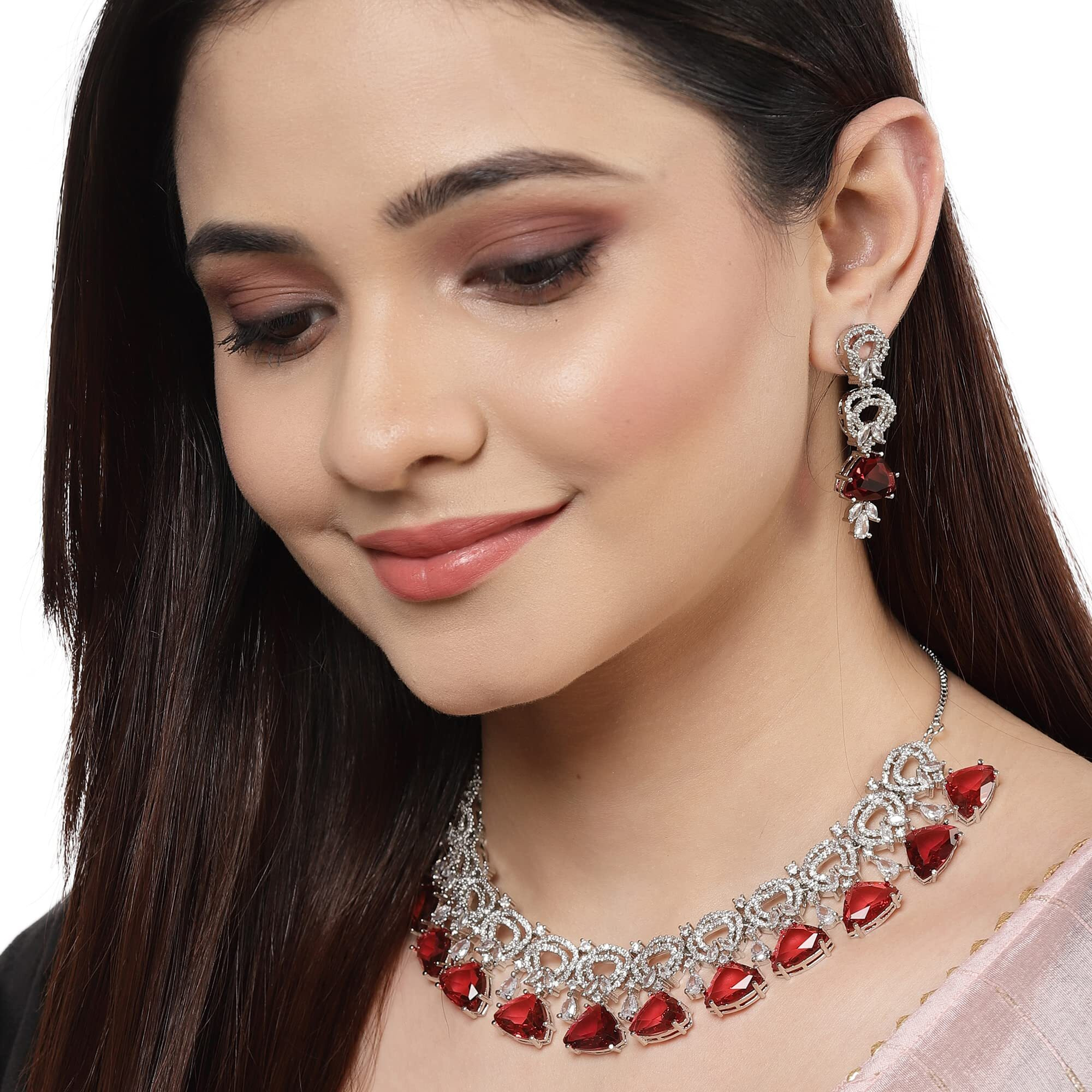 ZENEME Rhodium-Plated with Silver-Toned Red and White American Diamond Studded Choker Necklace and Drop Earrings Jewellery Set (Red) For Women