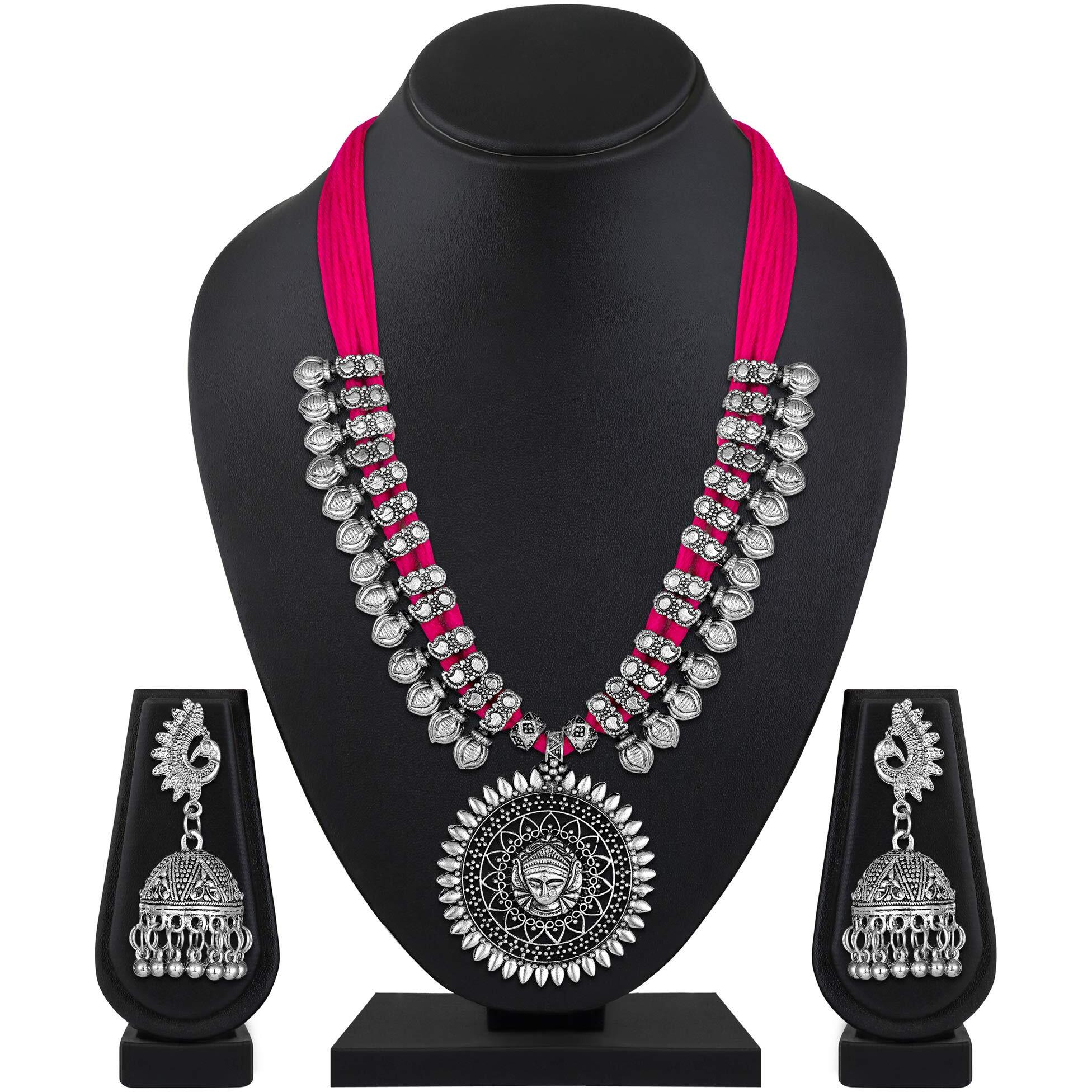 Shining Diva Fashion Latest Oxidised Silver Antique Design Necklace Set Jewellery Set for Women (Pink) (11244s)