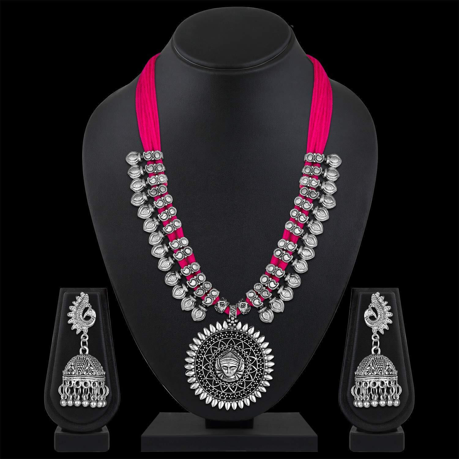 Shining Diva Fashion Latest Oxidised Silver Antique Design Necklace Set Jewellery Set for Women (Pink) (11244s)