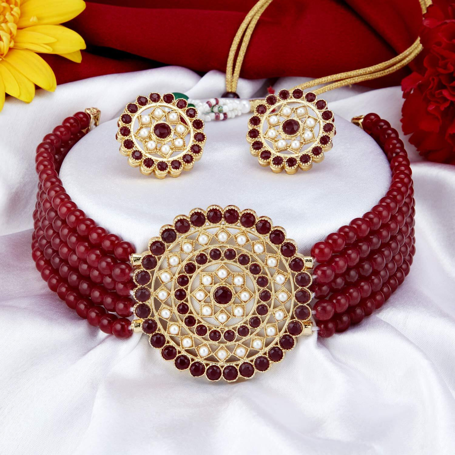 Sukkhi Incredible Gold Plated Maroon & White Pearl Choker Necklace Set for Women (SKR70453), Free Size