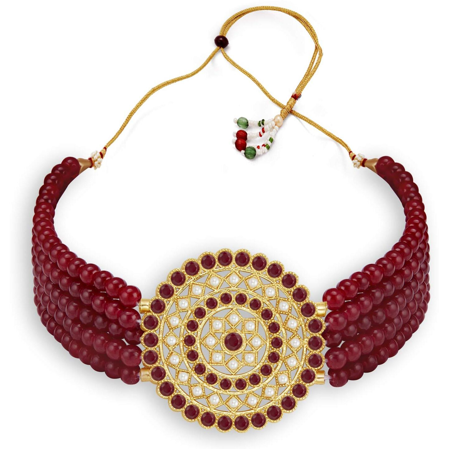 Sukkhi Incredible Gold Plated Maroon & White Pearl Choker Necklace Set for Women (SKR70453), Free Size