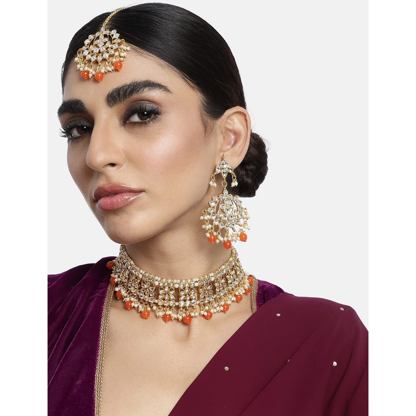 Peora Ethnic Indian Traditional Jewellery Kundan Choker Necklace Earring Maang Tikka Set for Women Girls (Orange)