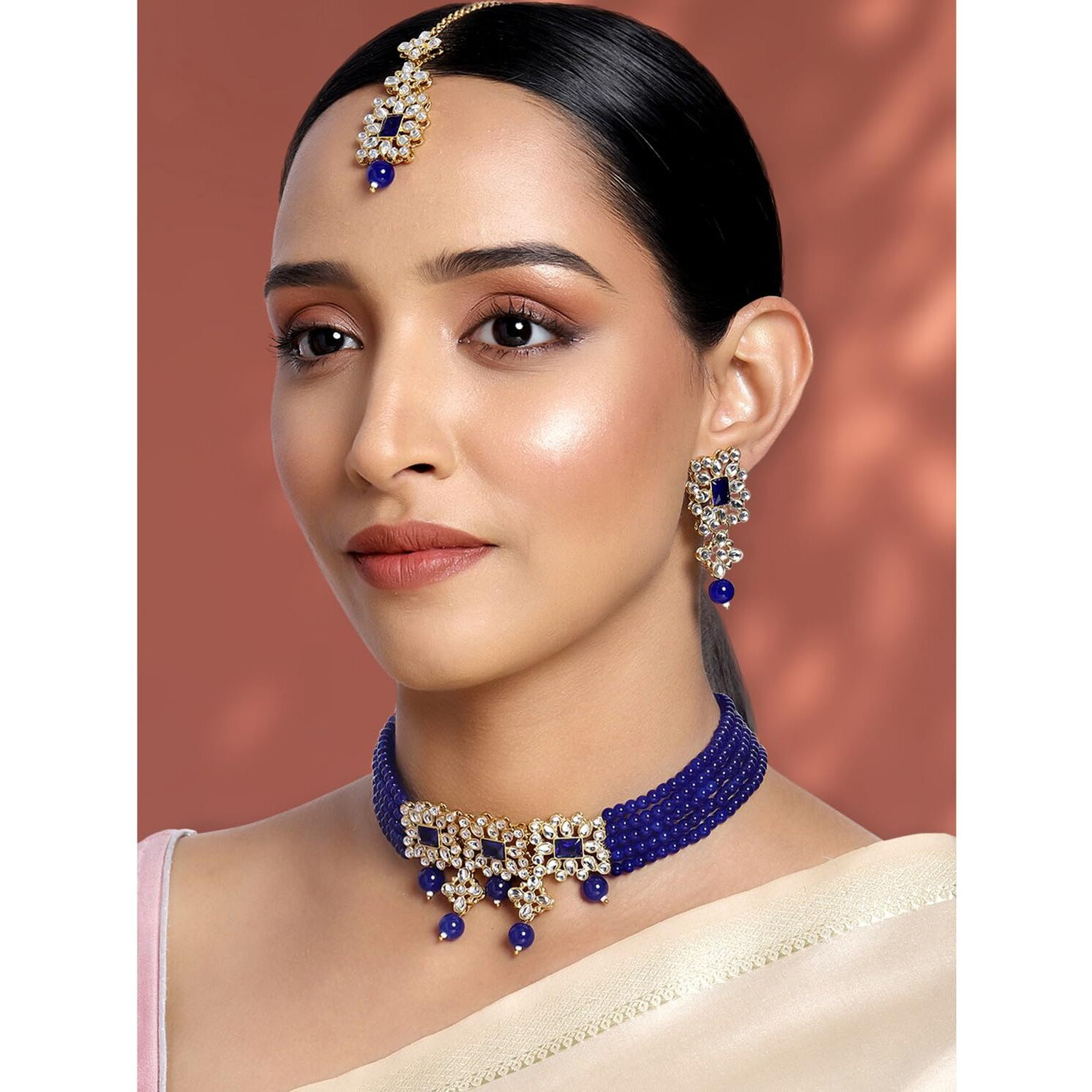 Peora Blue Gold Plated Brass Indian Traditional Kundan Faux Pearl Choker Necklace with Earrings Jewellery Set for Women Girls