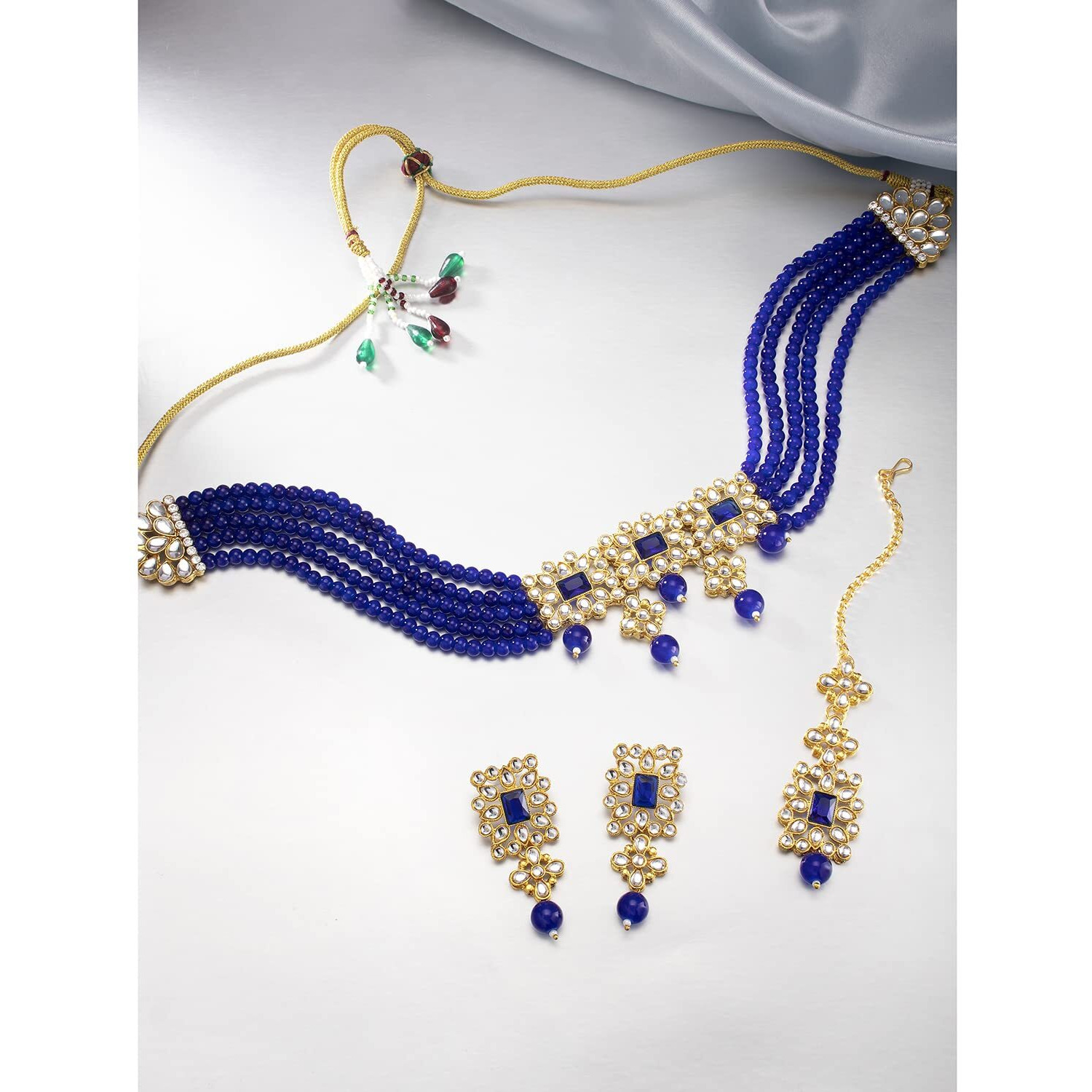 Peora Blue Gold Plated Brass Indian Traditional Kundan Faux Pearl Choker Necklace with Earrings Jewellery Set for Women Girls