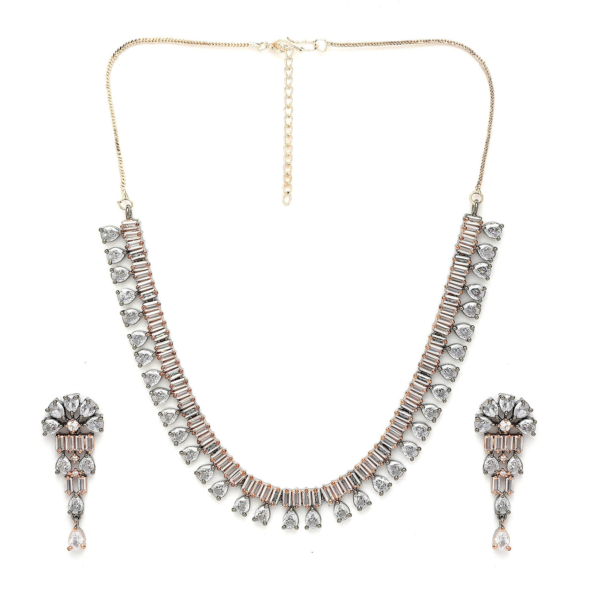 ZENEME Pear Shaped Rhodium-Plated with Silver-Toned White American Diamond Studded Jewellery Set (Rose Black White)