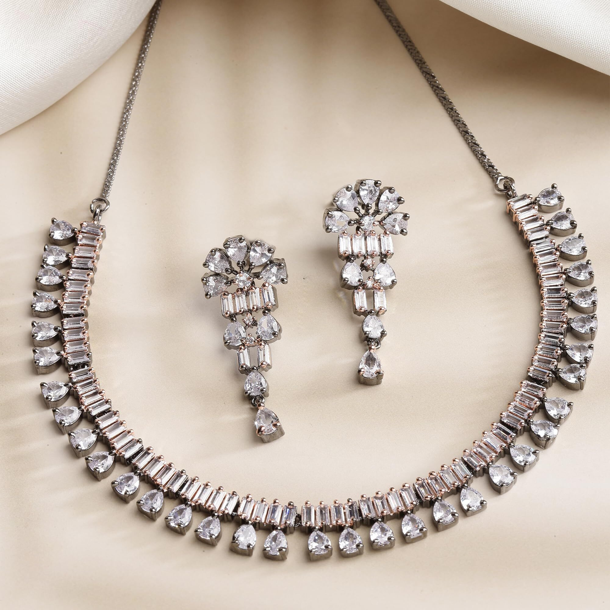 ZENEME Pear Shaped Rhodium-Plated with Silver-Toned White American Diamond Studded Jewellery Set (Rose Black White)