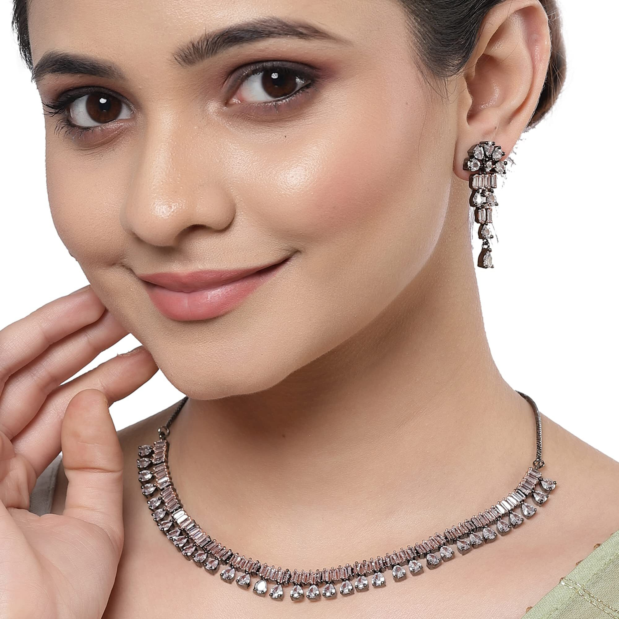 ZENEME Pear Shaped Rhodium-Plated with Silver-Toned White American Diamond Studded Jewellery Set (Rose Black White)