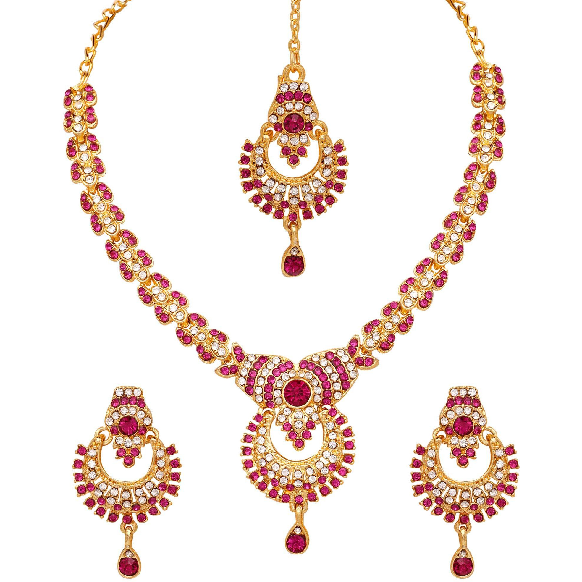 Atasi International Pink Diamond Gold Plated Alloy Necklace with Earrings and Maang Tikka for Women - Jewellery Set for Party, Wedding, Engagement