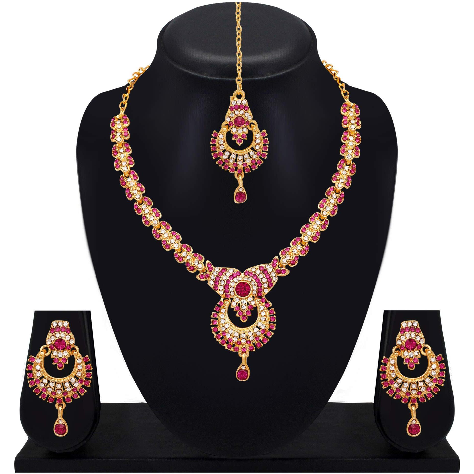 Atasi International Pink Diamond Gold Plated Alloy Necklace with Earrings and Maang Tikka for Women - Jewellery Set for Party, Wedding, Engagement