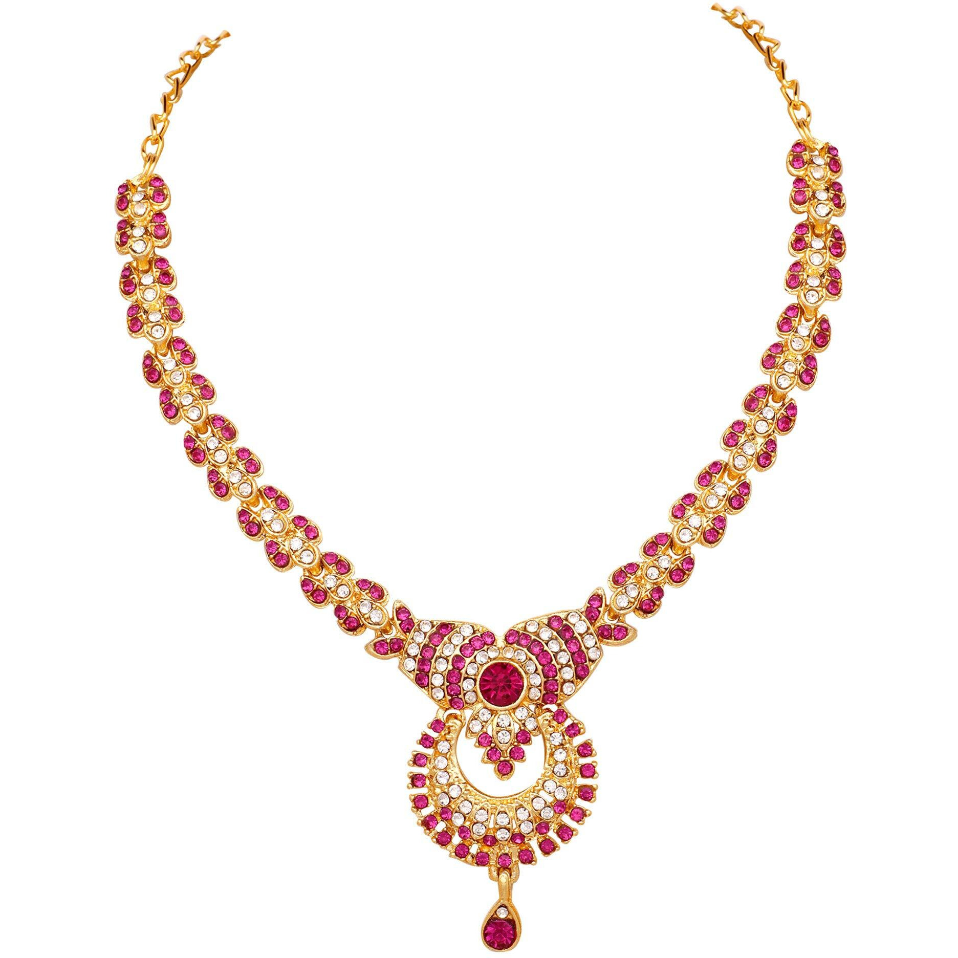 Atasi International Pink Diamond Gold Plated Alloy Necklace with Earrings and Maang Tikka for Women - Jewellery Set for Party, Wedding, Engagement