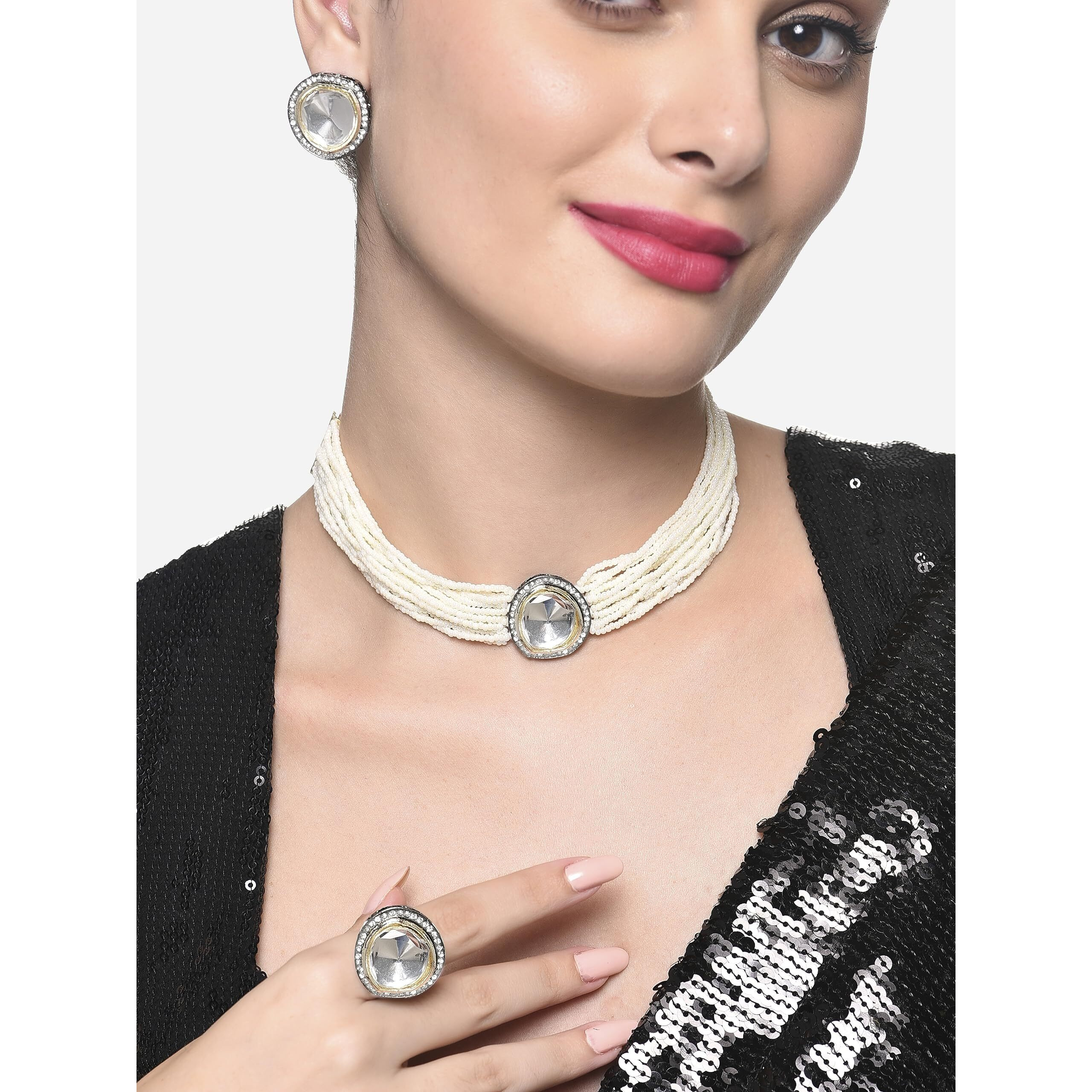 ZAVERI PEARLS Silver Colour Multistrand Choker Necklace Earring & Ring Set For Women -ZPFK16240