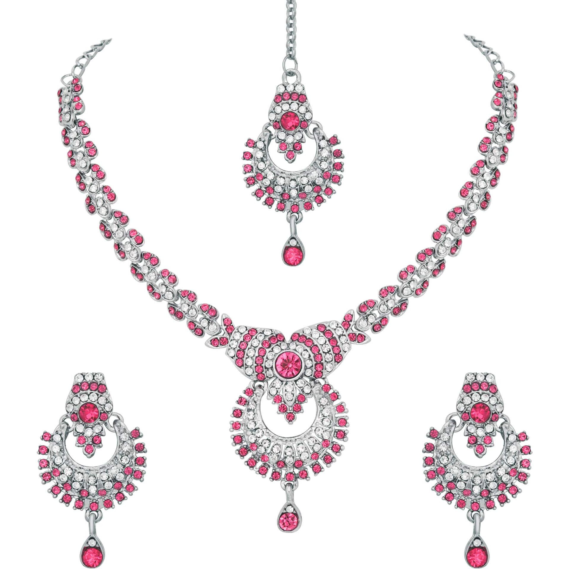 Atasi International Rhodium SilverPlated Alloy Necklace Jewellery Set with Earrings and Maang Tikka (White & Pink)